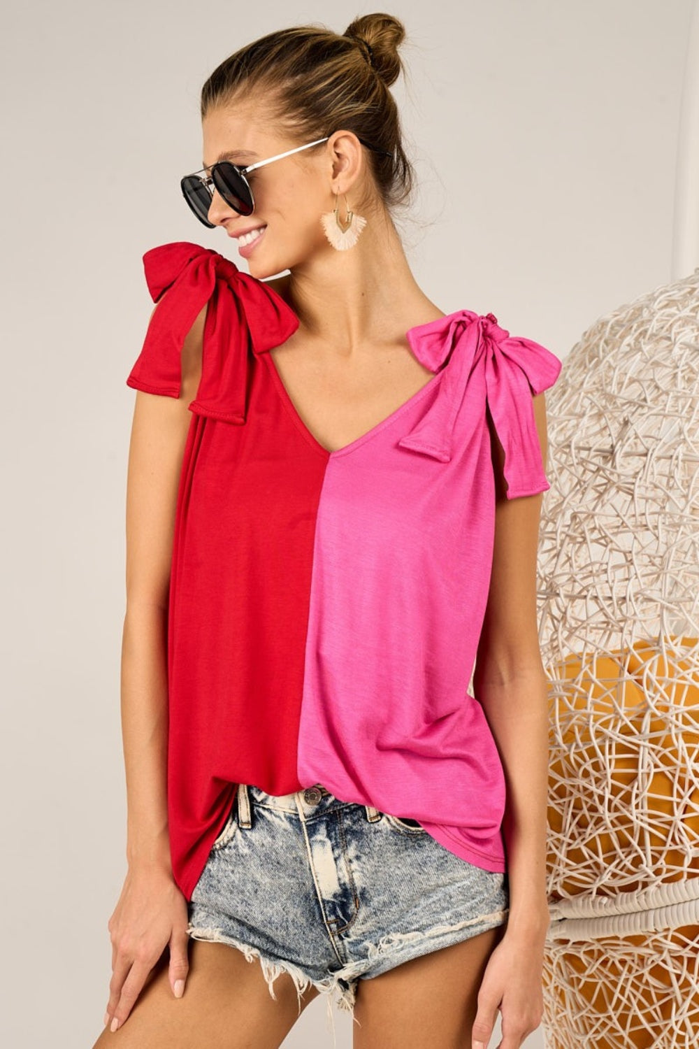 Bibi Shoulder Ribbon Tie Contrast Tank Top - Women's Fashion Blouse for Casual Wear, Summer Outfits & Layering