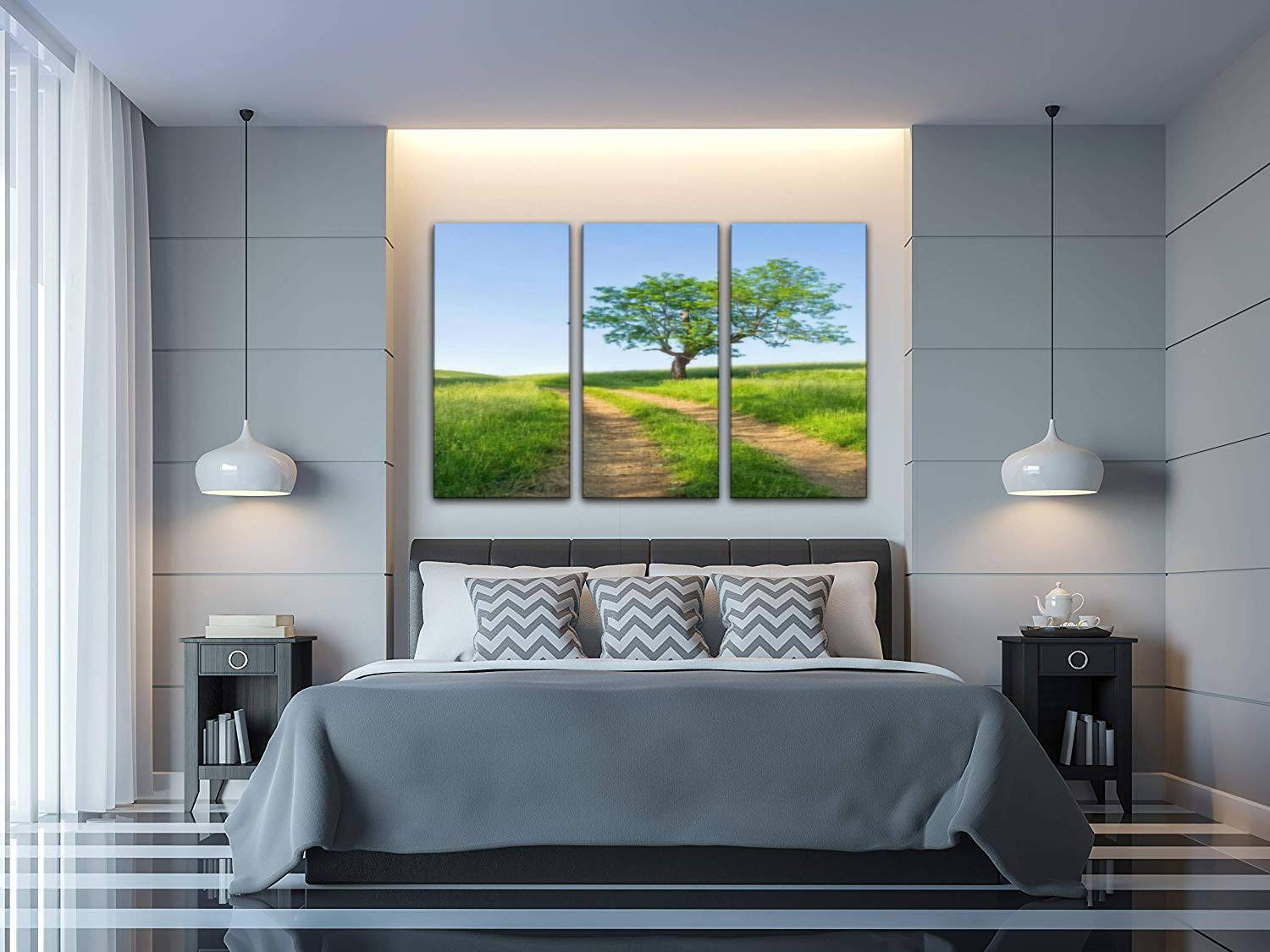 Blaverr Idyllic Farm Scene Country Road Single Tree Canvas Wall Art - 3 Panel Paintings for Living Room Bedroom Decor - Farmhouse Landscape Poster for Home Office Nursery Wall Decoration