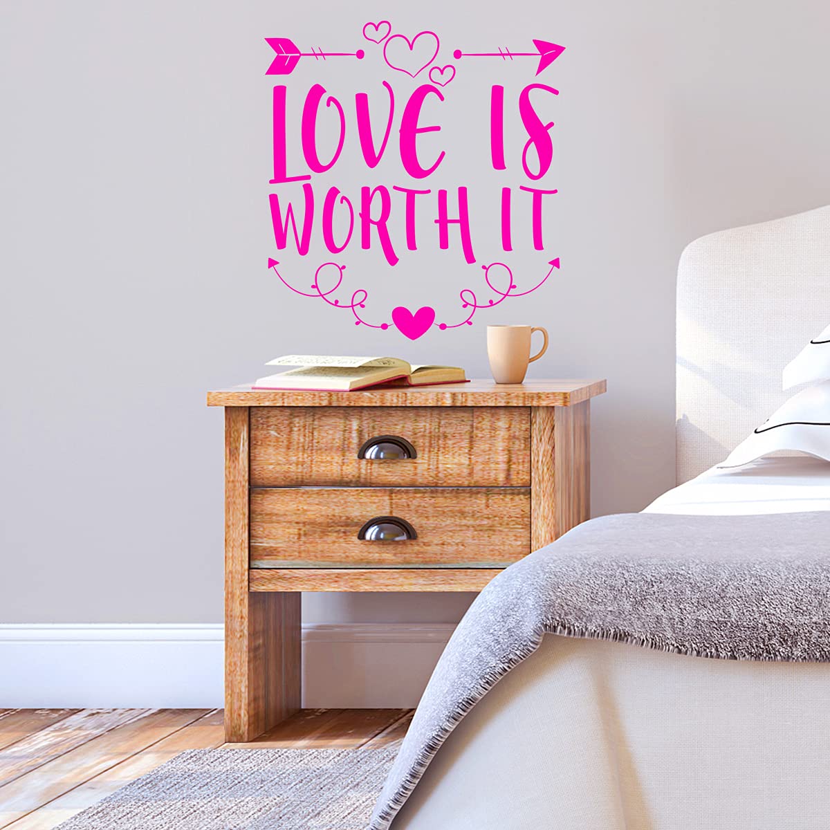 VWAQ Love is Worth It Wall Decal - Romantic Vinyl Sticker for Bedroom Decor (23x23 Inch, Hot Pink) - Perfect for Couples' Room, Wedding Gift & Home Decoration