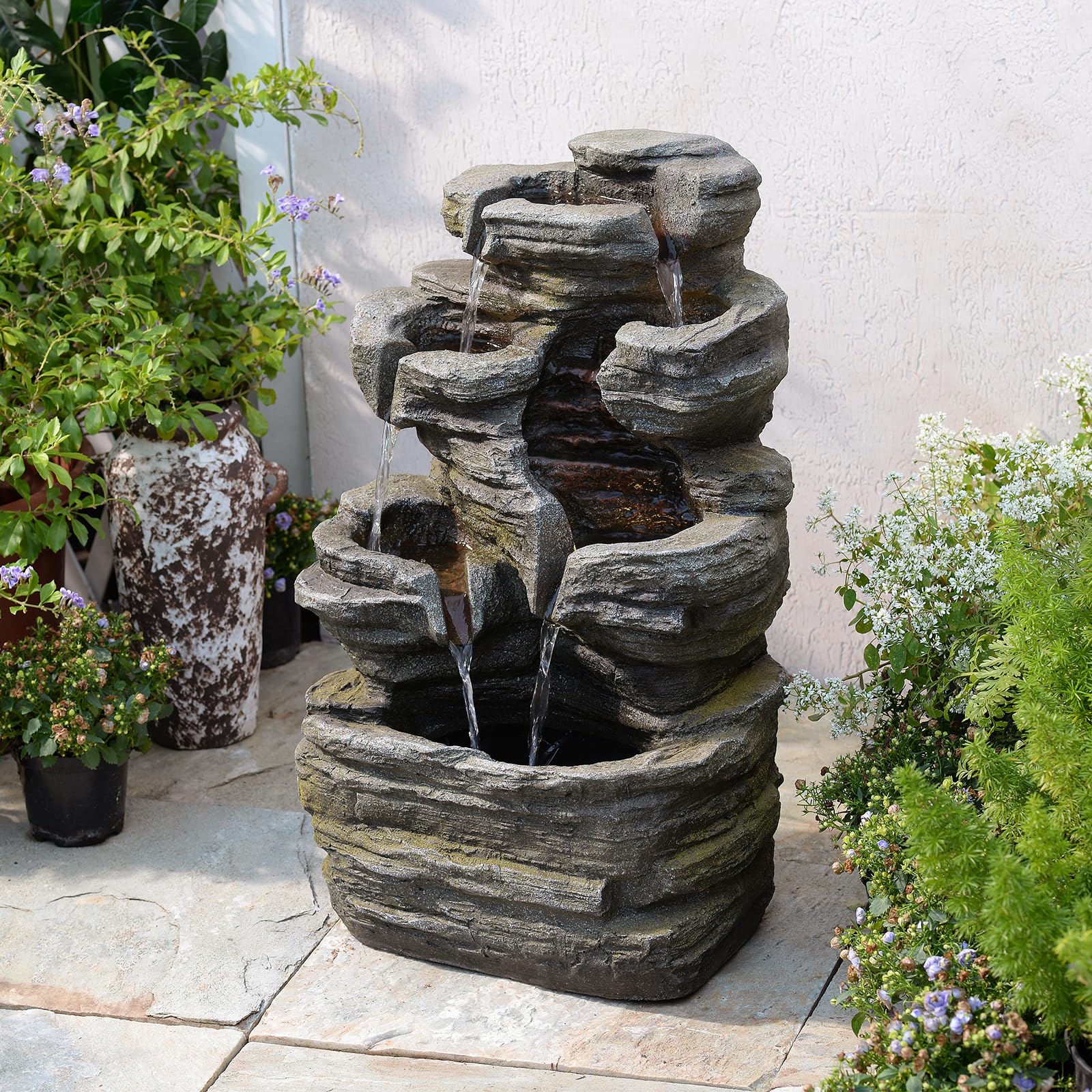 6-Tier Cascading Rock Water Fountain with LED Lights - 24.4