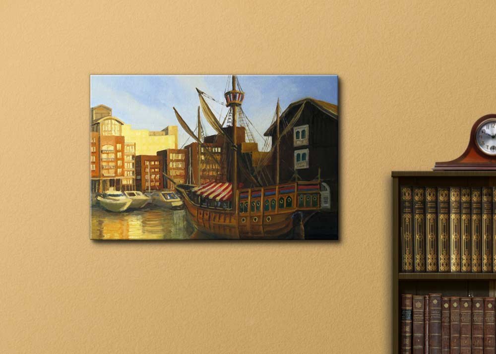 Stunning Canvas Wall Art - Oil Painting Style Sunset at St Katharine Docks London | 32x48 Inch Modern Home Decor for Living Room, Bedroom & Office