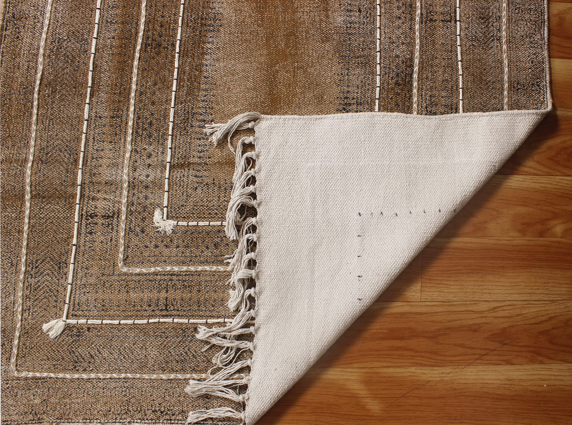 Handmade Boho Kilim Rug - 6 Square Feet Cotton Flatweave Area Rug with Bronze & Black Border - Easy Washable for Small Bedroom, Dining Table Mat, Boho Decor & Cozy Home Accent