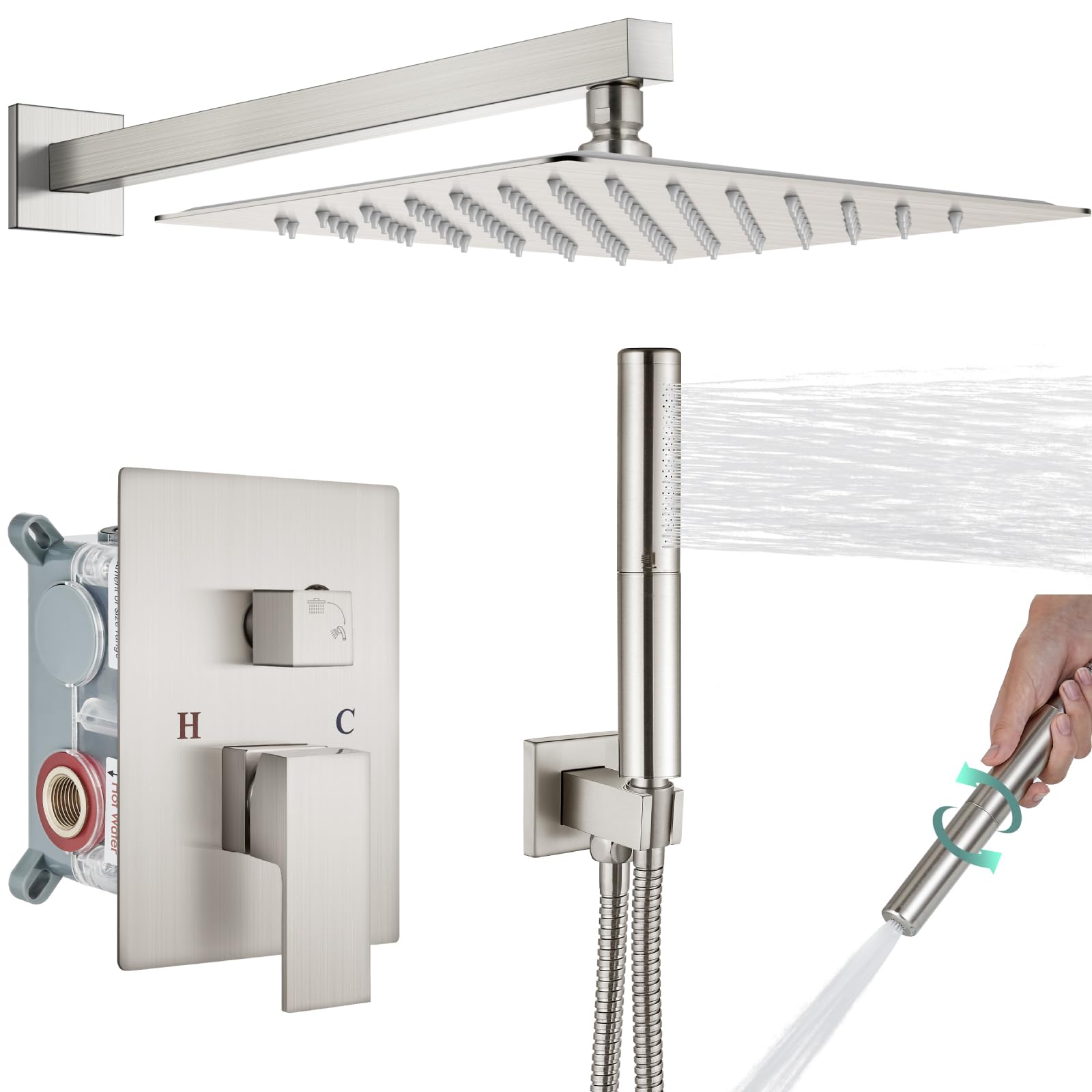 Premium 12 Inch Square Rain Shower System - 2 in 1 Wall Mount Shower Head with Handheld Sprayer, High Pressure Rainfall Shower Faucet Set in Brushed Nickel - Perfect for Modern Bathroom Renovation & Spa-Like Shower Experience