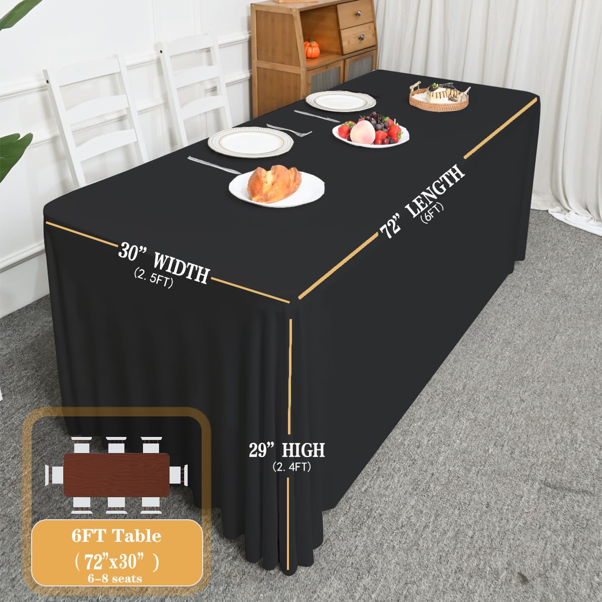 HAORUI 6ft Black Open Back Table Skirt - Wrinkle Resistant Rectangle Tablecloth with Ruffles Elastic Edge for Banquet, Wedding, Party Decor - Perfect for Buffet Tables, Reception Displays & Event Decorations