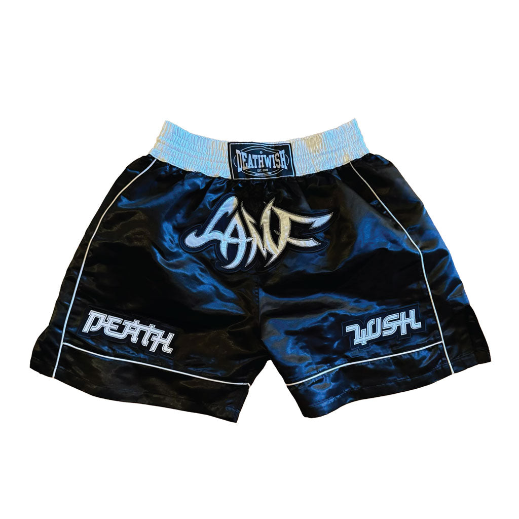 Deathwish LAMF Satin Boxing Shorts for Men - Premium Black Training & Fight Shorts - Perfect for Boxing, MMA, Kickboxing & Gym Workouts