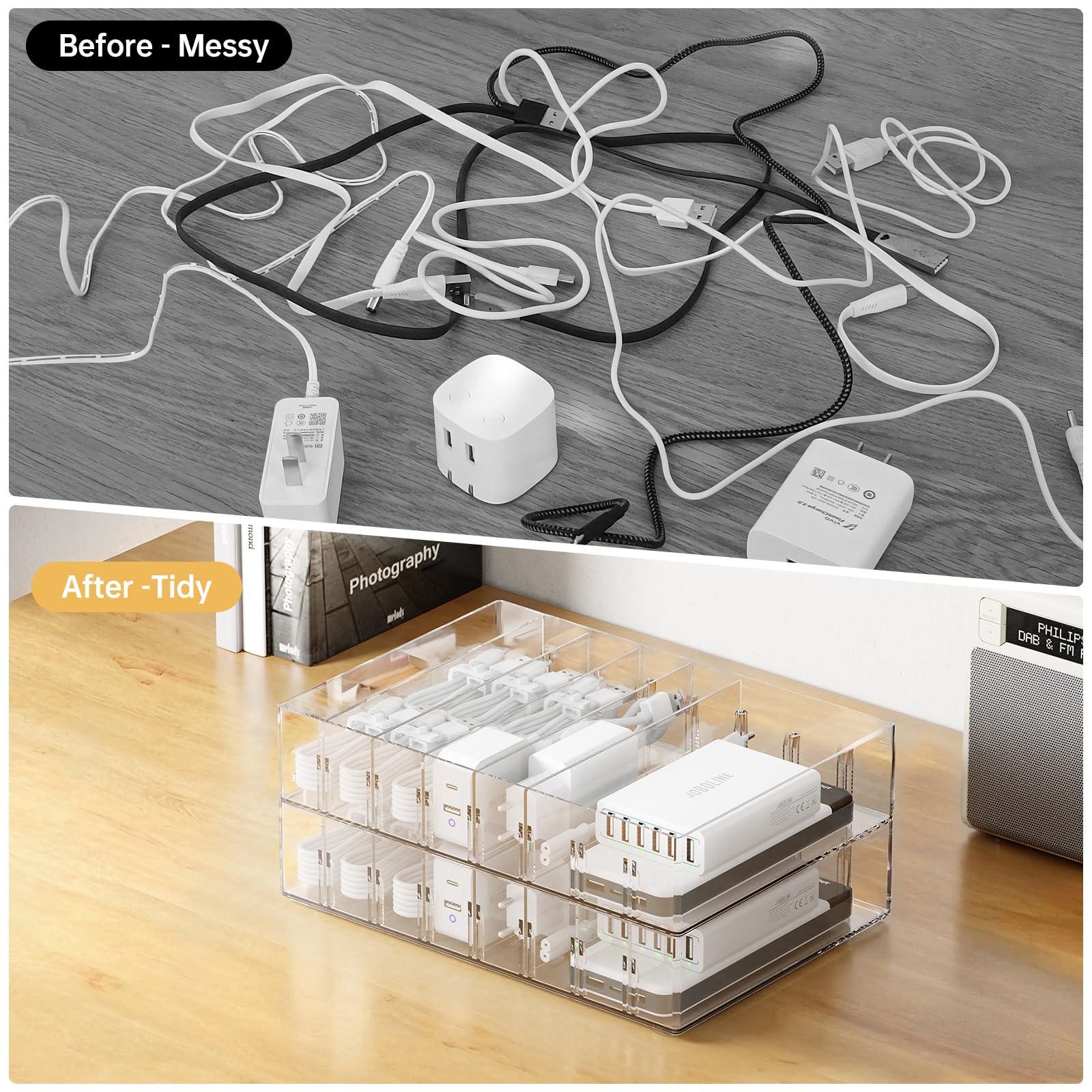 2-Pack Clear Stackable Cable Organizer Box with Adjustable Compartments & Wire Ties - Large Cord Storage Solution for Drawers, Electronics, Travel & Home Office Organization