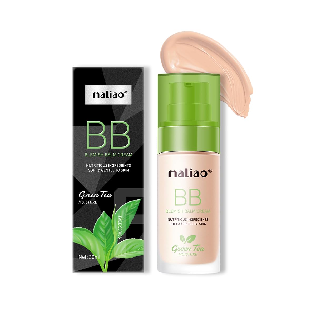 Maliao BB Blemish Balm Cream with Green Tea - Moisturizing, Softening & Gentle Skin Care for Daily Makeup Base (WHITE IVORY) | Perfect for Oily Skin & Natural Coverage