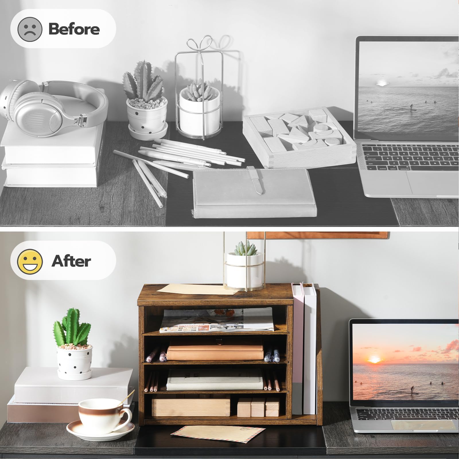 HOOBRO Wooden Mail Sorter with Adjustable Shelves - Rustic Brown Literature Organizer for Office & Home - Paper & Magazine File Holder - Perfect for Desk Organization, Mail Sorting & Document Storage
