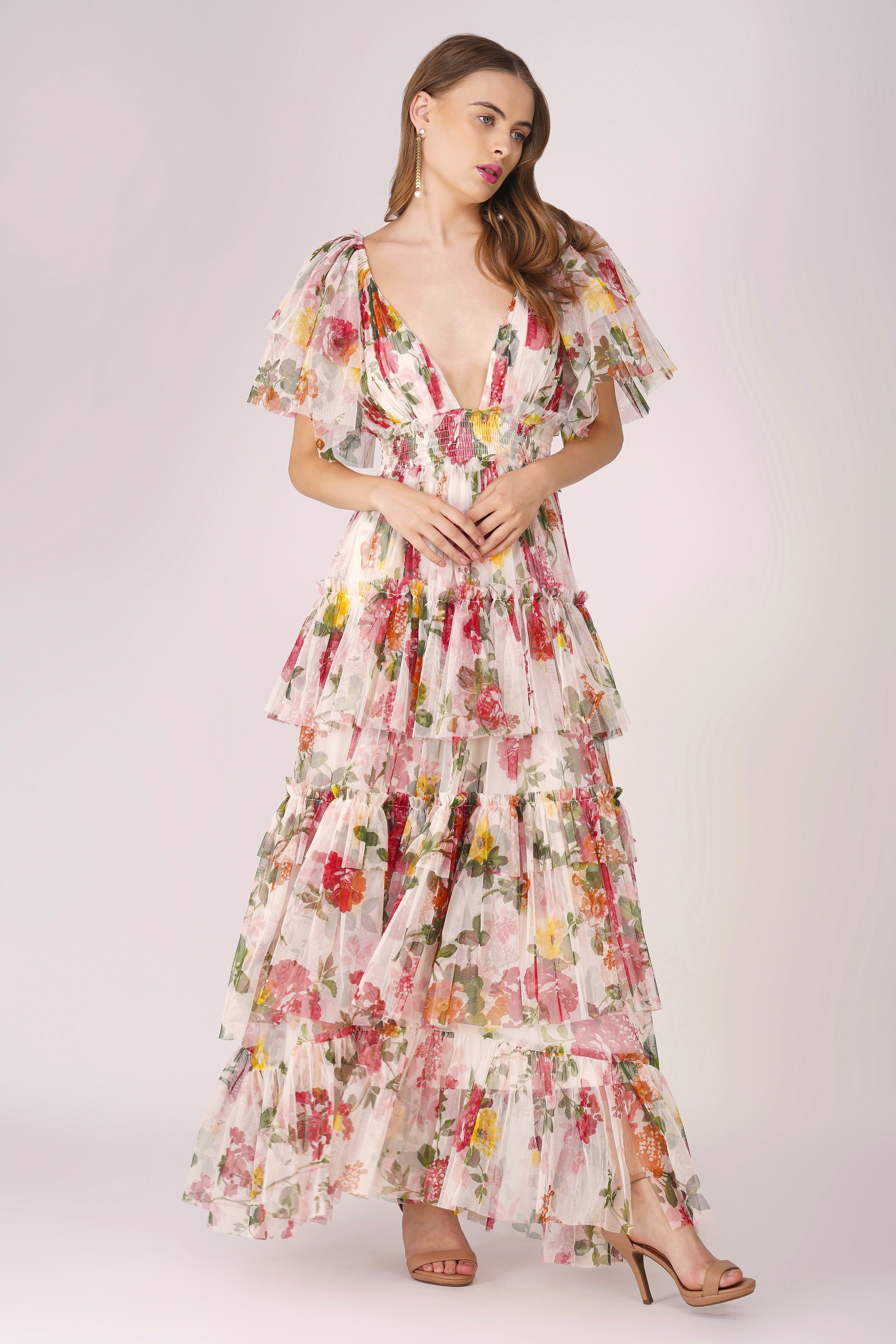 Floral Print Jasmine Maxi Dress for Women - Elegant Summer Beach Dress, Boho Chic Wedding Guest Outfit & Vacation Wear