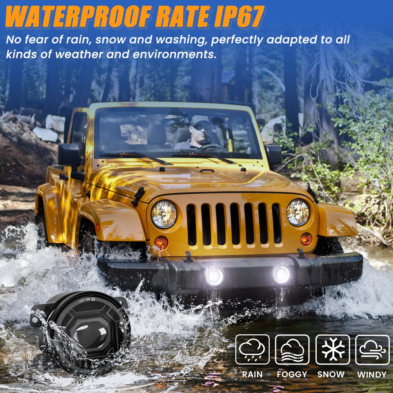 4 Inch Round LED Fog Lights for 2007-2024 Jeep Wrangler JK JKU JLU - 60W White/Amber Off-Road Lamps - DOT Approved Black Front Bumper Light Assembly - Perfect for Night Driving & Off-Road Adventures