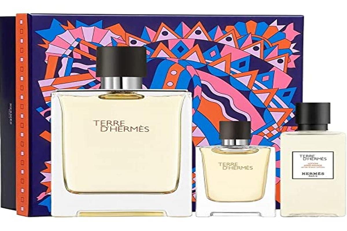 HERMES Terre d'Hermes Eau de Toilette Set for Men - 100ml EDT Spray + 12.5ml Travel Spray + 40ml After Shave Balm - Fresh Woody Scent Gift Set for Daily Wear & Special Occasions
