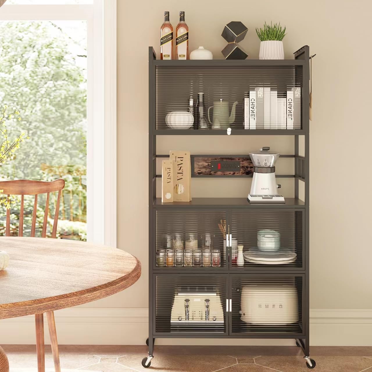 REENLIV 5-Tier Metal Bakers Rack with Power Outlet & 8 Hooks - Microwave Stand, Coffee Station, Kitchen Storage Shelf for Spices, Pots & Pans - Heavy Duty Rolling Wheels for Easy Mobility - Perfect for Small Kitchens, Bakeries & Coffee Shops (Black)