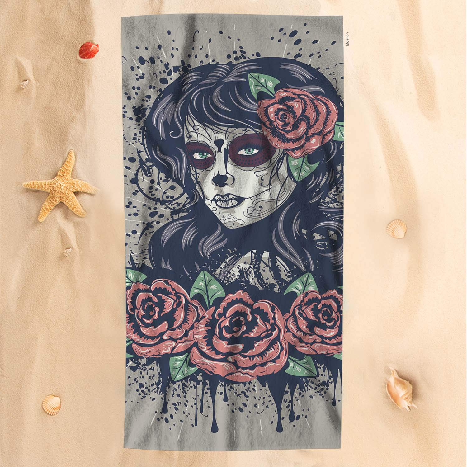 Moslion Sugar Skull Bath Towel 32x64 Inch - Gothic Day of The Dead Makeup with Blooming Red Roses - Soft Microfiber Beach & Bath Towel for Women & Men - Perfect for Bathroom, Pool, Spa, and Beach Use