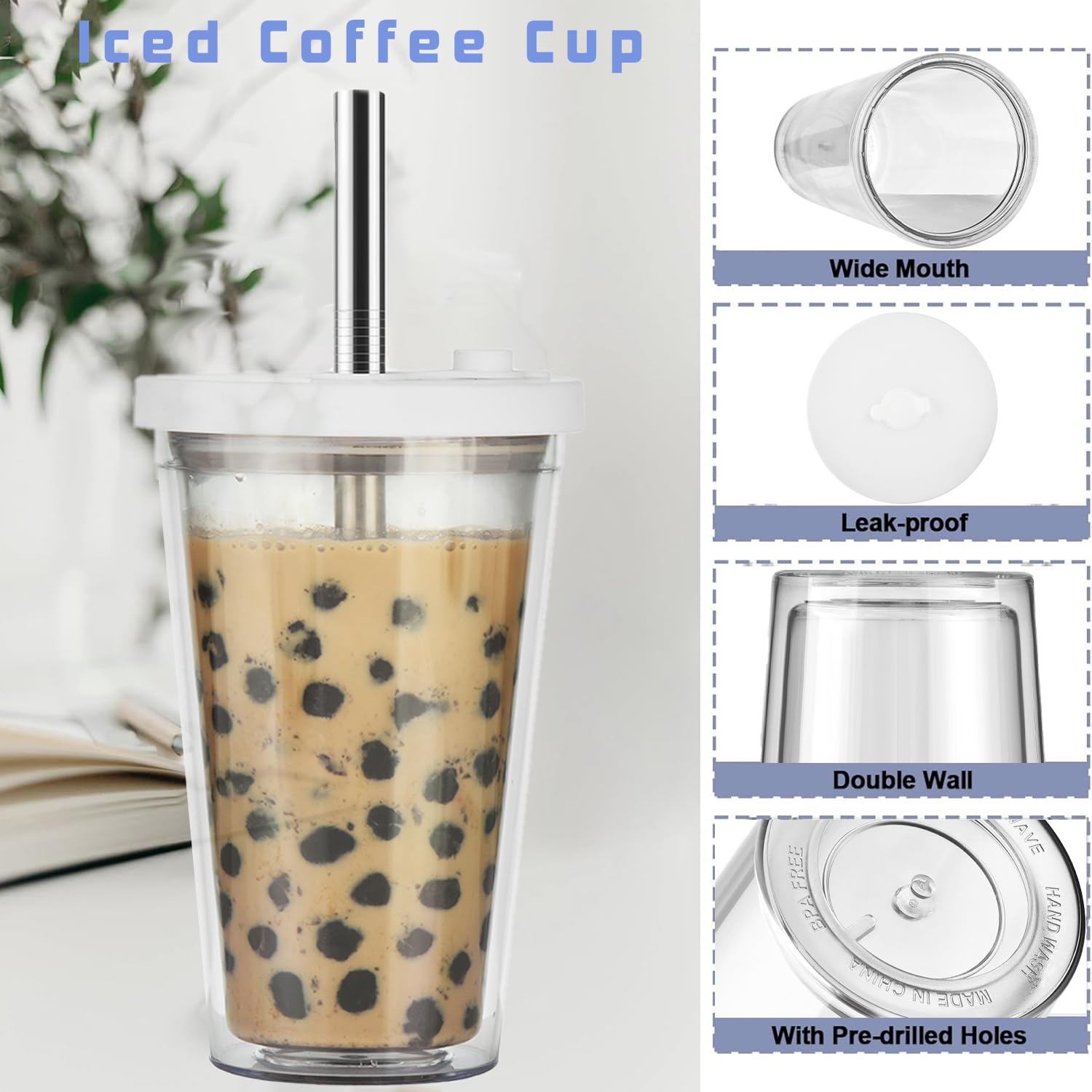 ALINK 450ml Clear Bubble Tea Cup with Lid & Straw - Leakproof Double Wall Insulated Plastic Tumbler for Smoothies, Iced Coffee & Boba Drinks - Perfect for Home, Office & Takeout