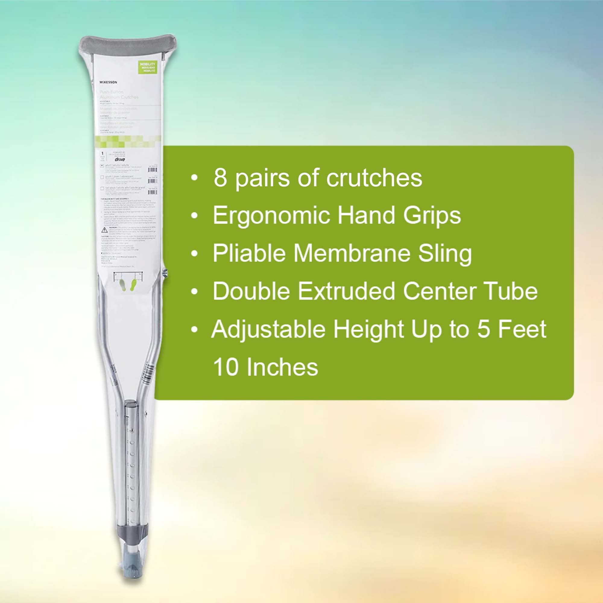 McKesson Aluminum Frame Underarm Crutches for Adults - Adjustable Height, 350 lb Weight Capacity, Push Button Mechanism (Set of 8) - Ideal for Injury Recovery, Mobility Assistance & Post-Surgery Support