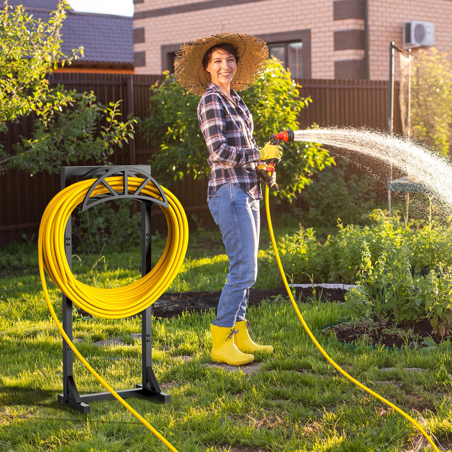 Heavy Duty Freestanding Garden Hose Holder with 4 Spikes - Outdoor Water Hose Storage Stand for 150ft Hose - Detachable Metal Hose Reel Rack Organizer - Perfect for Lawn, Yard & Garden Watering Systems