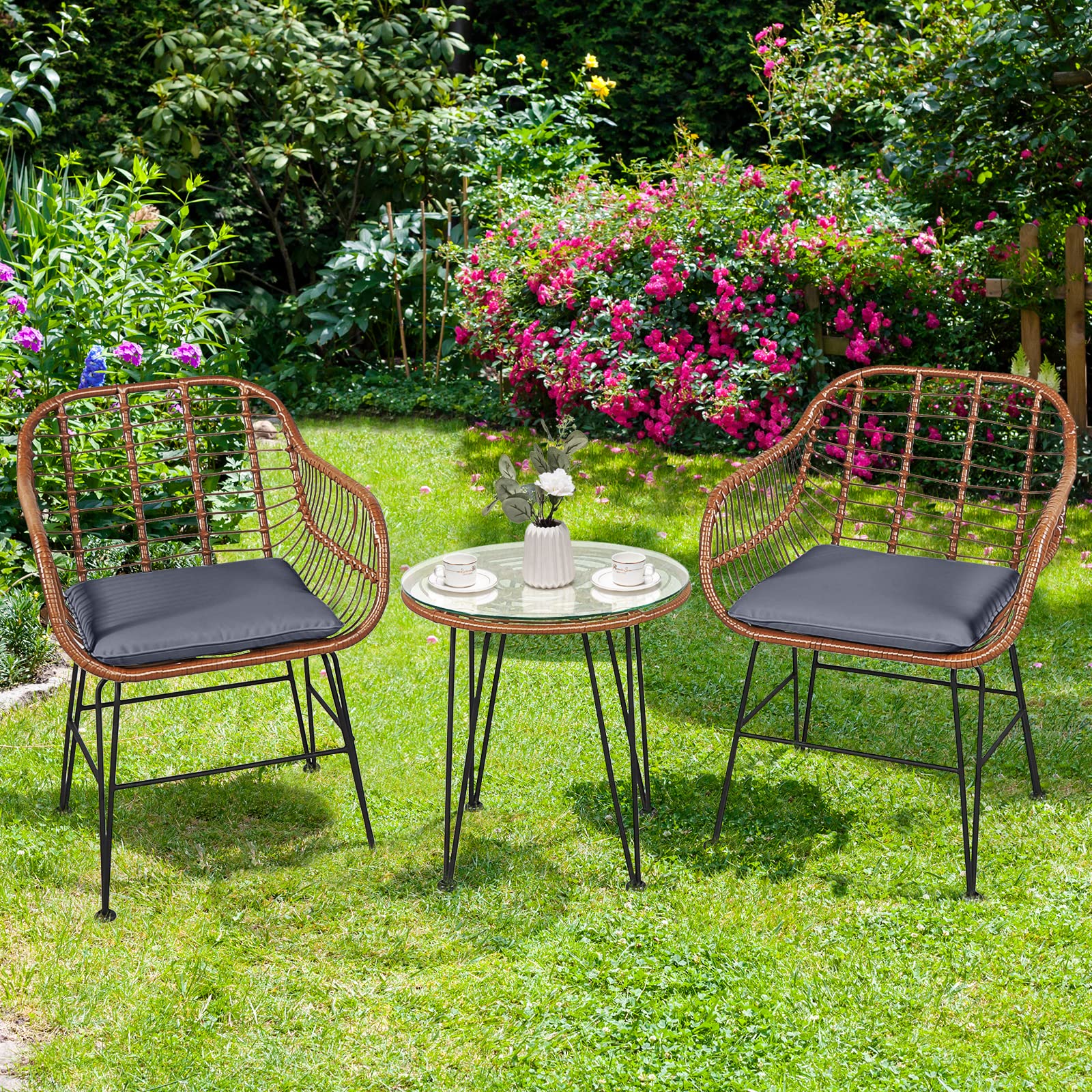 Tangkula 3-Piece Patio Conversation Bistro Set - Outdoor Wicker Furniture with Round Tempered Glass Table & 2 Rattan Armchairs, Includes Cushions - Perfect for Porch, Backyard, Garden, Poolside & Outdoor Dining