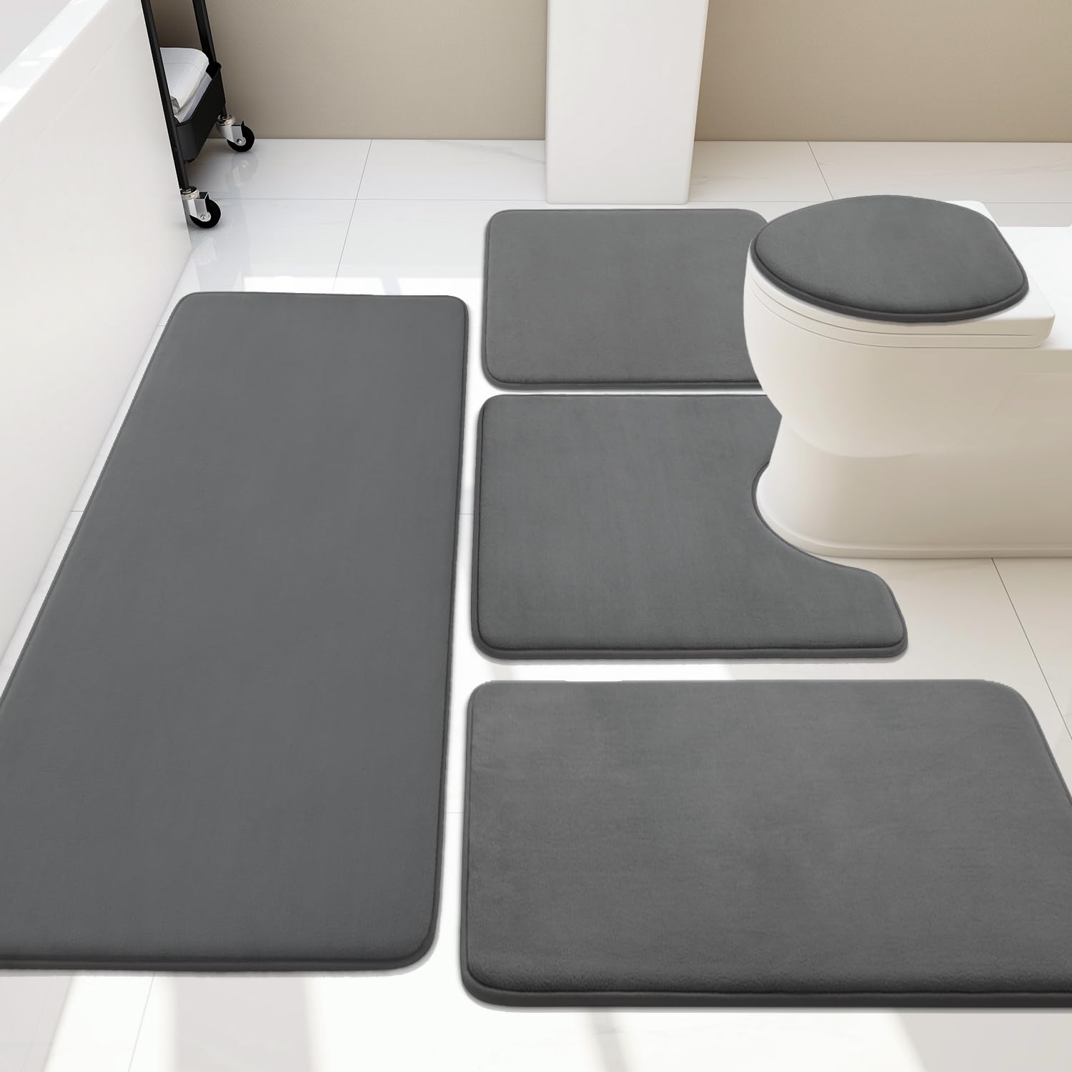 YIHOUSE 5-Piece Memory Foam Bathroom Rug Set - Super Absorbent, Non-Slip & Machine Washable Bath Mats - Quick Dry Bathroom Rugs in Dark Grey - Perfect for Bathroom, Shower & Vanity Areas