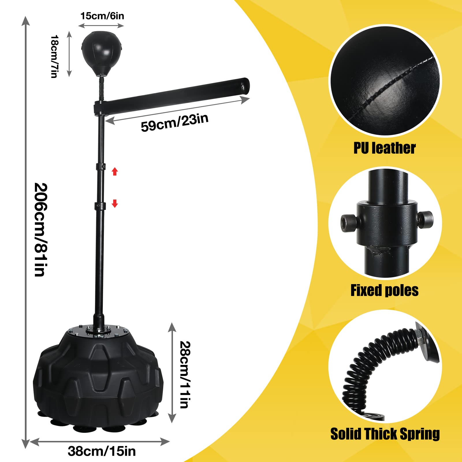 Solid Reflex Bag Boxing Speed Trainer - Adjustable Height 45-80in Free Standing Punching Bag with Spinning Bar for Adults & Kids | Home Gym, Boxing Training, Martial Arts Practice