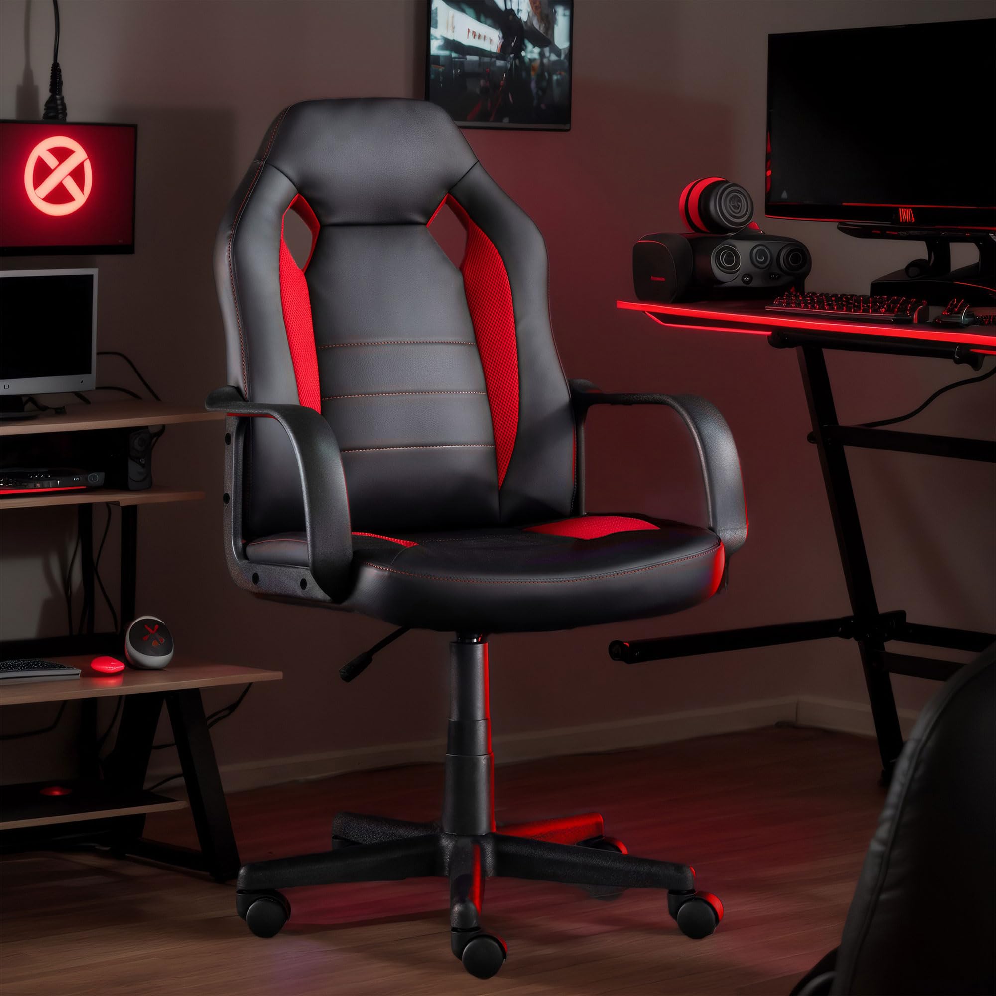 Ergonomic Gaming Chair with Lumbar Support - High Back PU Leather Office Chair for Adults & Teens - Adjustable Swivel Computer Desk Chair for Home, Gaming & Work - Black & Red Racing Style