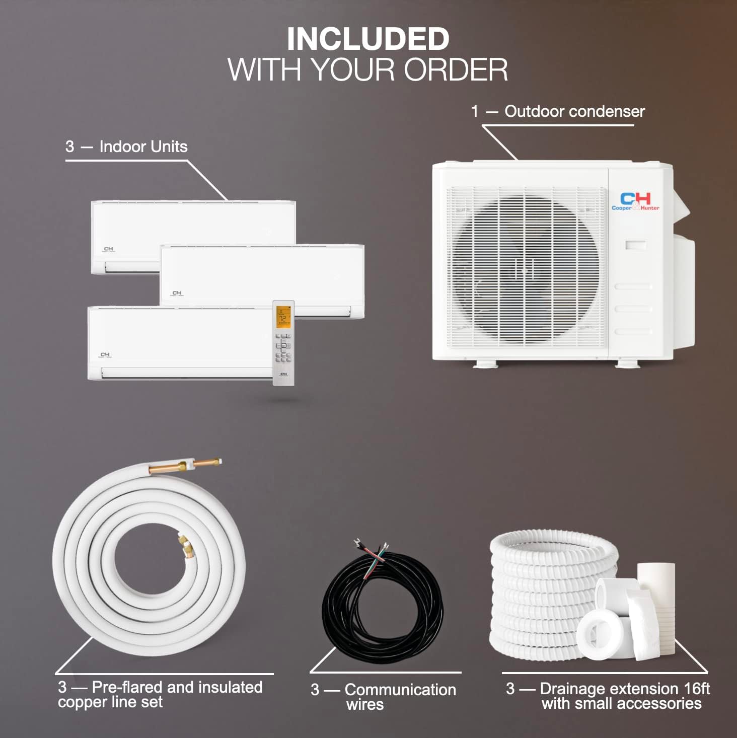 Cooper&Hunter 36,000 BTU 3-Zone Ductless Mini Split Air Conditioner & Heat Pump System - 9000/12000/18000 BTU Zones, 23.9 SEER2 with 25ft Installation Kit | Perfect for Home, Office & Commercial Cooling & Heating