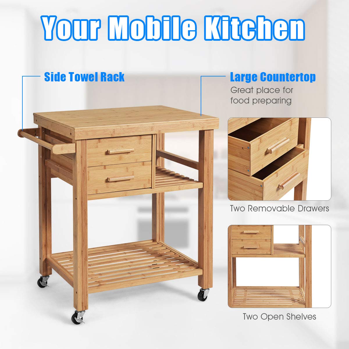 **Giantex Bamboo Kitchen Island Cart with 2 Drawers, Towel Rack & Locking Casters - Natural Wood Rolling Kitchen Trolley for Small Spaces, Dining Room & Food Prep**