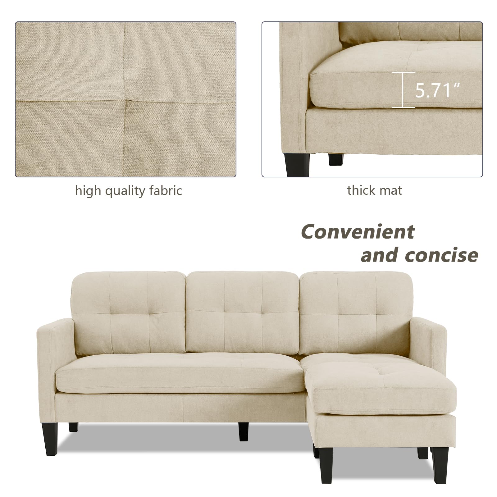 Grepatio Convertible Sectional Sofa Couch - Modern L-Shaped Sofa with Premium Linen Fabric for Small Living Room Spaces, Beige | Perfect for Apartments, Condos & Cozy Home Decor