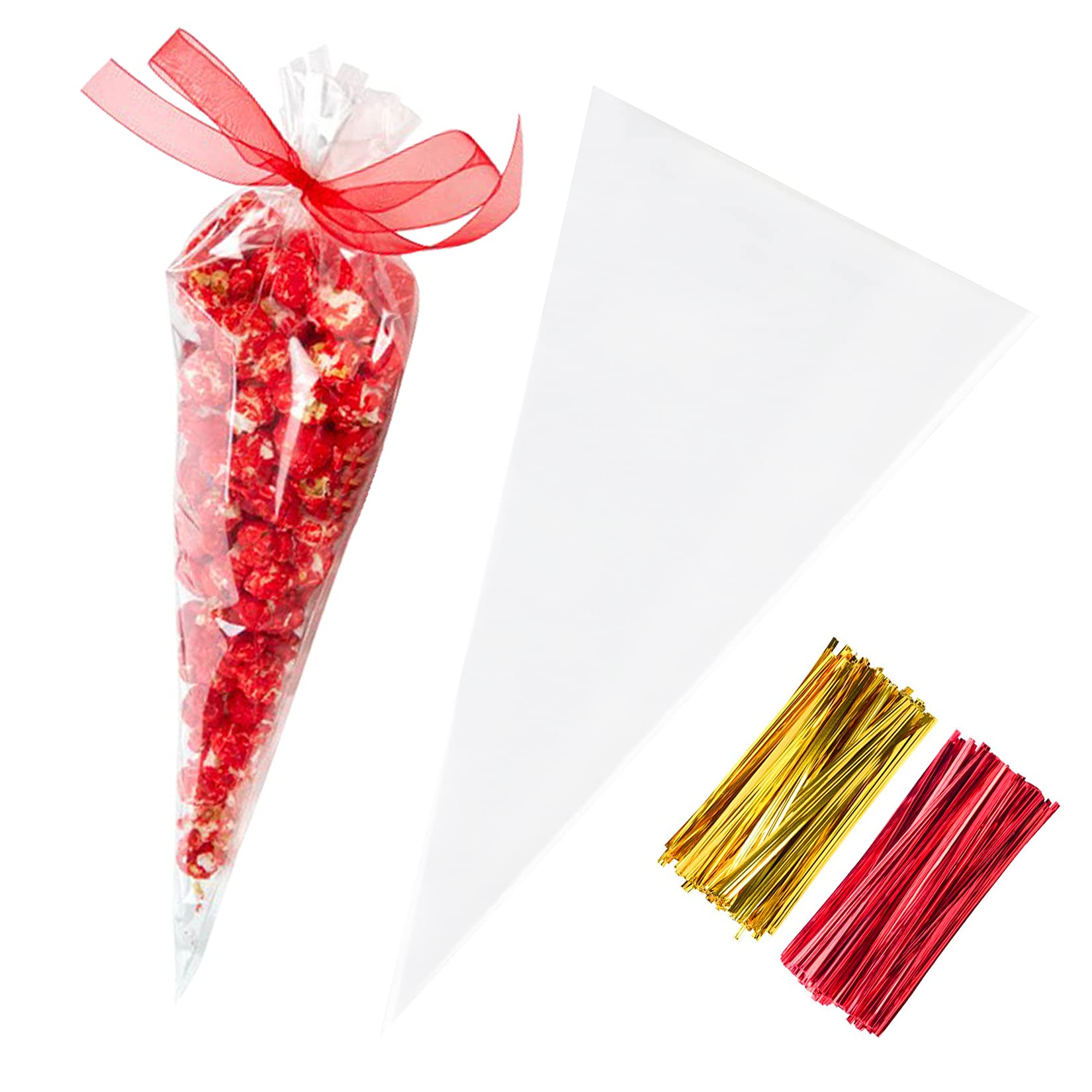 200 PCS 7x15 Inches Clear Plastic Popcorn Cone Bags with Twist Ties - Large Cellophane Treat Bags for Parties, Carnivals, Movie Nights & Candy Packaging