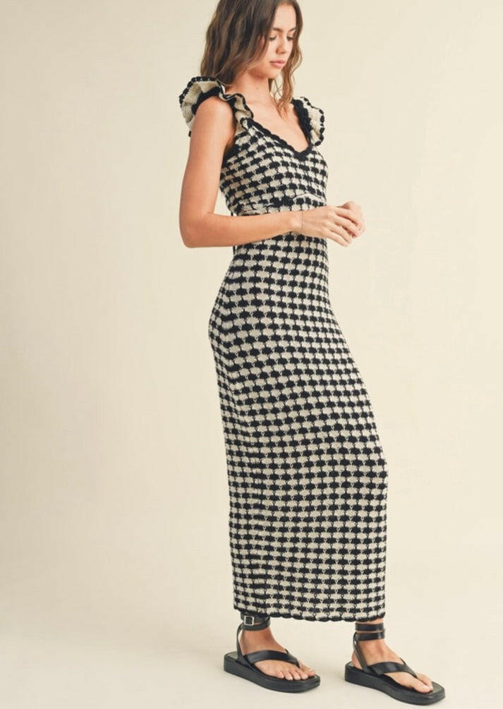 Black & Stone Checkered Crochet Knitted Ruffle Sleeve Dress - Elegant Boho Chic Dress for Women, Perfect for Summer Parties, Beach Vacations & Date Nights