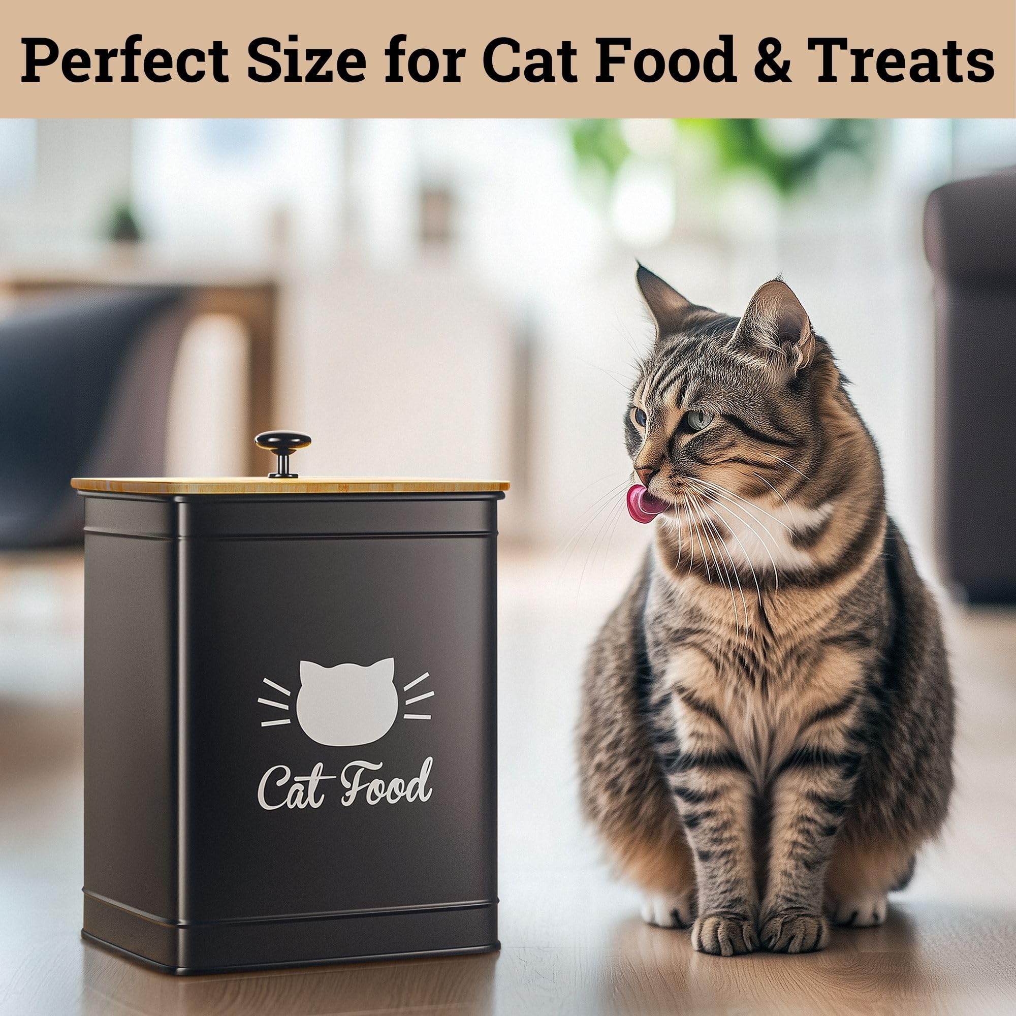 Airtight Cat Food Storage Container with Scoop - 5-10 lb (25 Cup) Capacity Metal Pet Food Bin with Bamboo Lid & Measuring Scoop - Perfect for Dry Kibble Storage in Kitchens, Pantries or Pet Feeding Areas