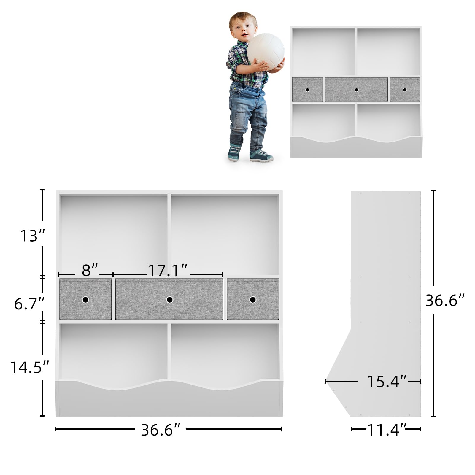 IDEALHOUSE Kids Toy Storage Organizer with 3 Movable Drawers - 3 Tier Children Bookcase & Bookshelf - 7 Cubby Toy Storage Cabinet for Playroom, Bedroom, Nursery - White - Perfect for Organizing Toys, Books & Kids' Belongings in Daycare or Home Play Areas