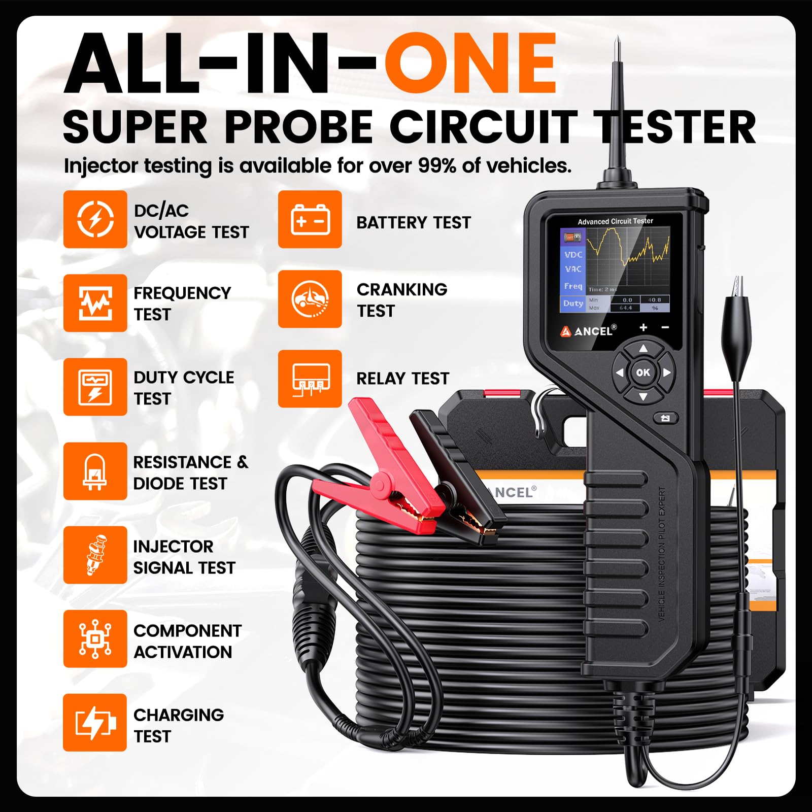 ANCEL PB600 Automotive Electrical Circuit Tester Kit - 8-35V Power Probe with Battery, Relay & Injector Test, 30FT Cable, Multimeter & Oscilloscope Functions | Perfect for Car Diagnostics, Truck Repair & DIY Electrical Testing