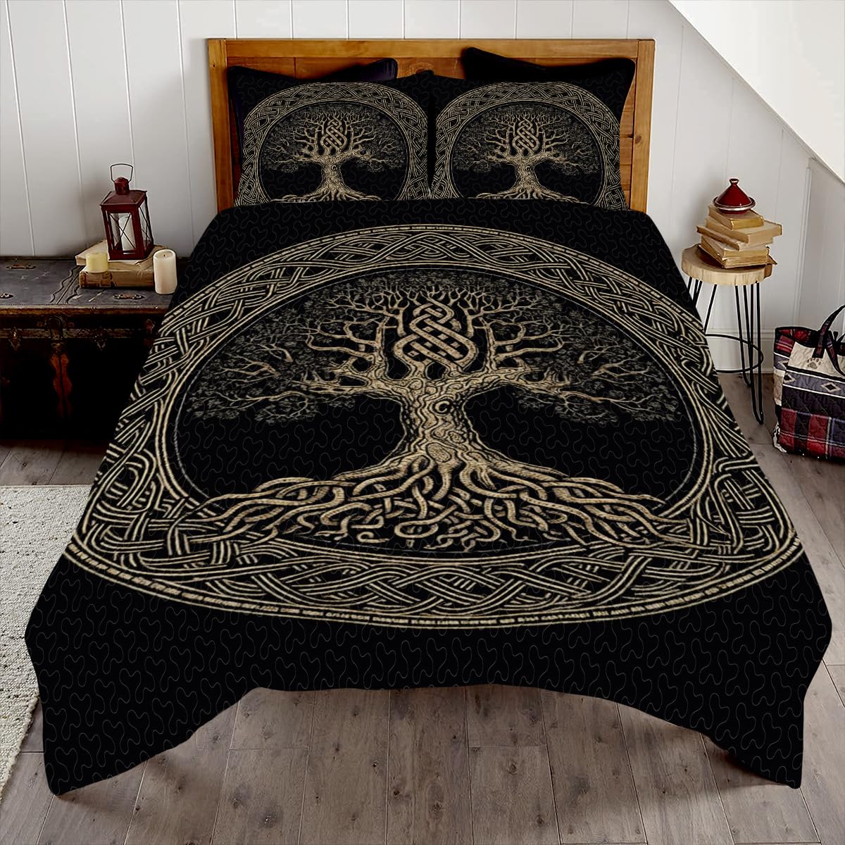Custom Celtic Tree of Life Quilt Set - King/Queen Size 3-Piece Bedding with Roots Design for Boys & Girls | Perfect for Bohemian Bedroom Decor, Wedding Gift & Spiritual Home Accent