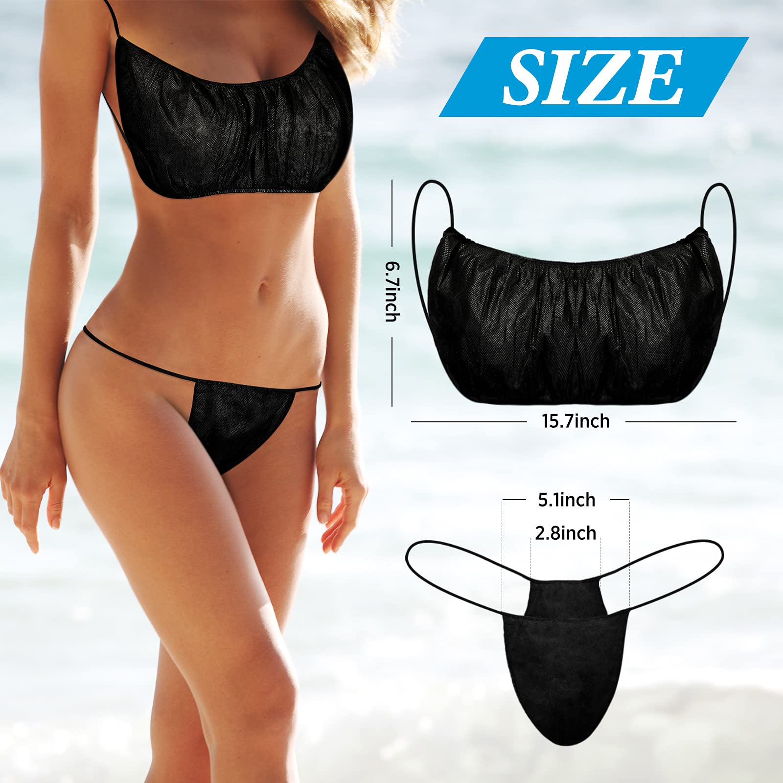 75 Packs Disposable Bra & Panty Sets for Women - 25 Spa Tops, 50 Thong Bikini Underwear - Individually Wrapped Black Underwear for Spray Tanning, Massage & Travel Essentials