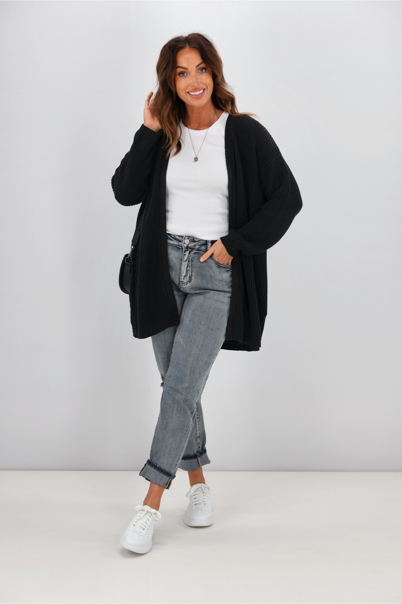 All About Eve Everyday Knit Cardigan Sweater for Women - Soft Black Long Sleeve Open Front Wrap - Perfect for Office, Lounge & Fall Layering