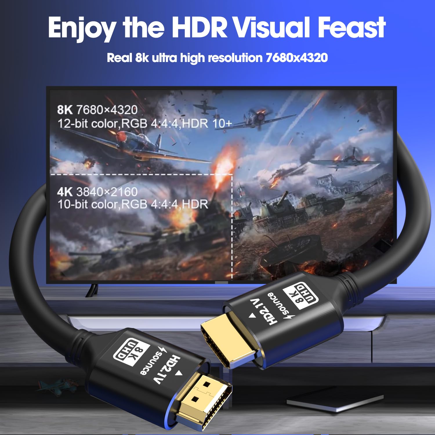 Sounce 8K HDMI 2.1 Cable 6FT - Ultra High Speed 48Gbps, 8K 60Hz HDR, 4K 120Hz, eARC, Ethernet, HDCP 2.3 - Compatible with PS5, Xbox Series X/S, Roku, Apple TV, Nintendo Switch, PC - Perfect for Gaming, Home Theater & 8K Streaming (Black, Pack of 1)