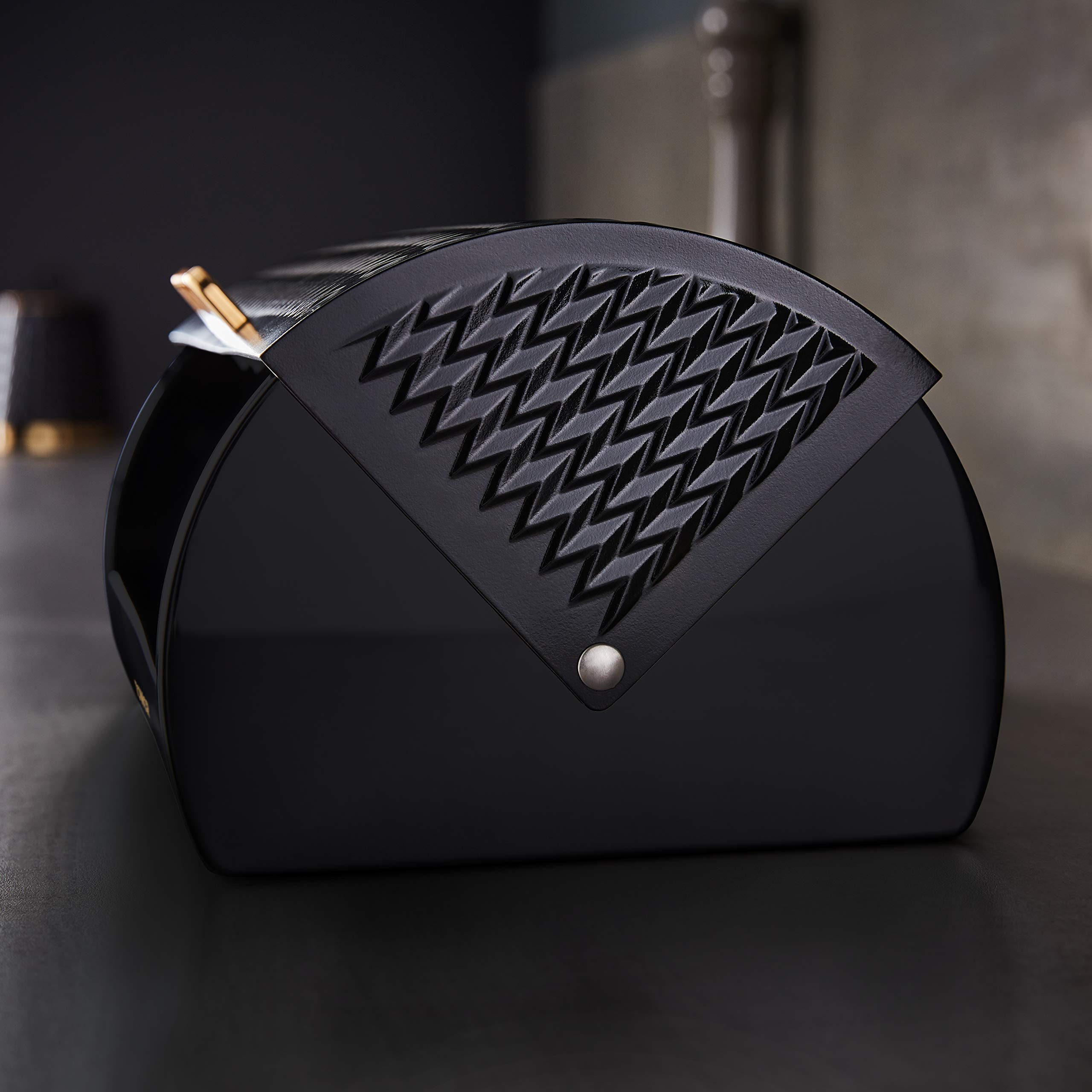 Empire Roll Top Bread Bin - Stainless Steel with Black & Brass Finish - Perfect for Kitchen Storage & Countertop Organization - Ideal for Bread, Pastries & Baked Goods