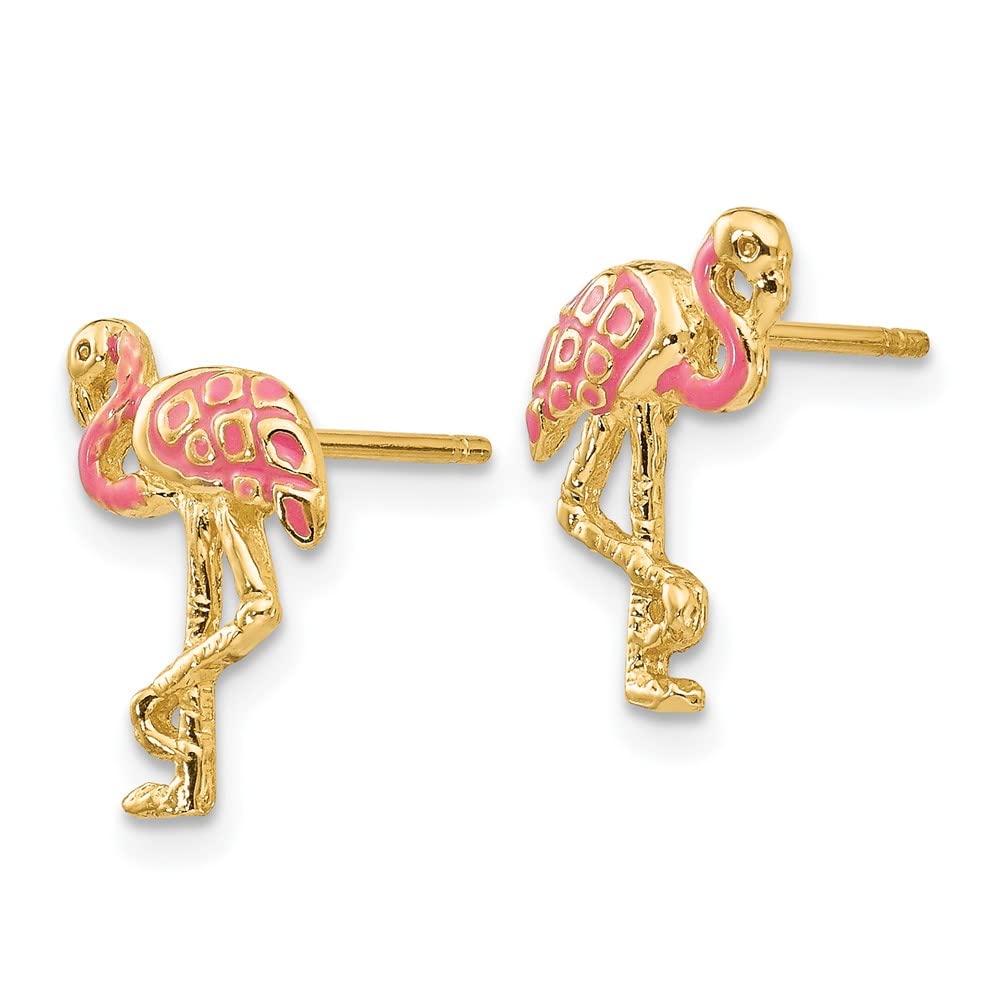 14K Yellow Gold Pink Enamel Flamingo Stud Earrings - Dainty Floral Animal Jewelry for Women, Perfect for Summer Outfits & Beach Vacations