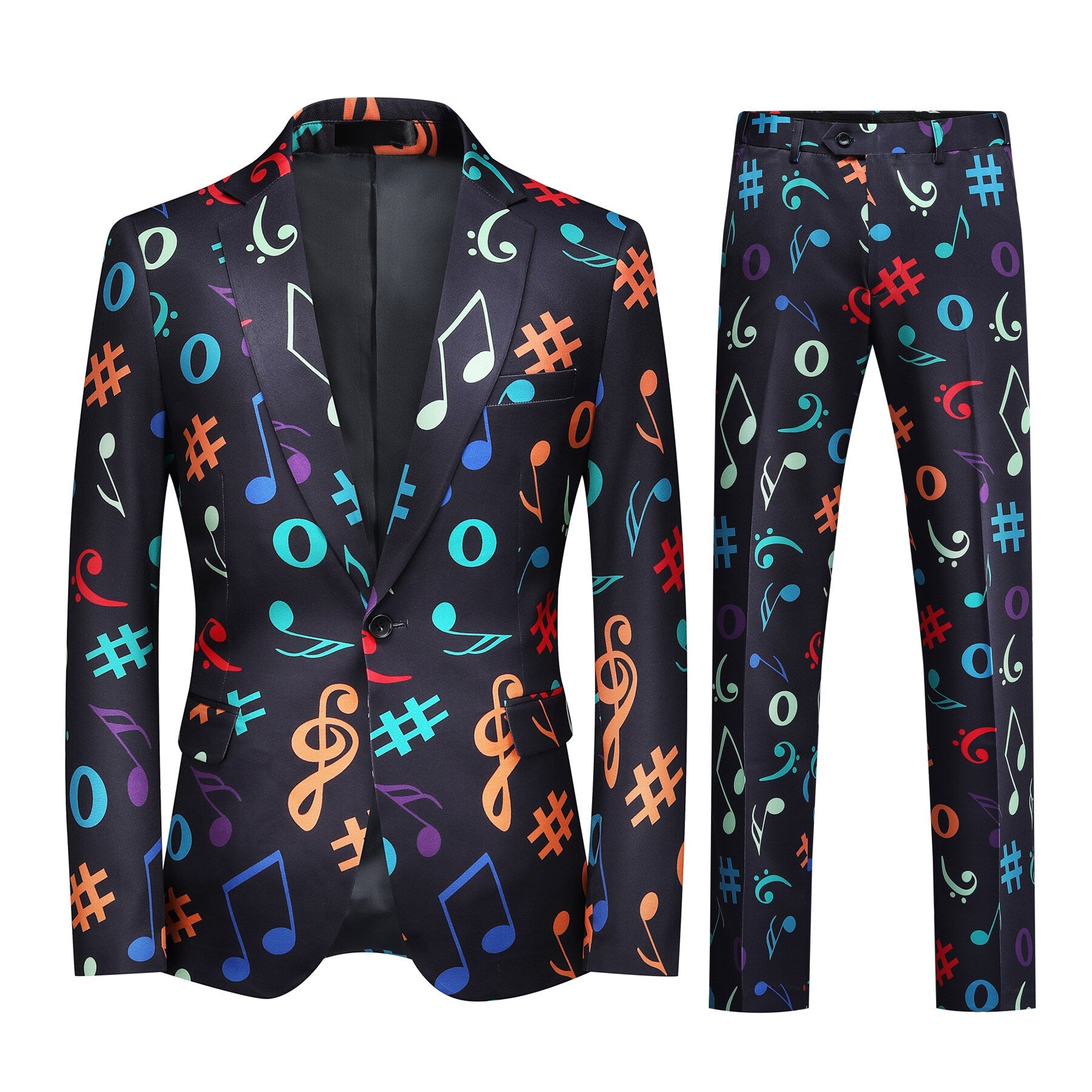 2 Piece Men's Black Music Notes Printed Suit Set - Formal & Casual Wedding, Prom, Party Outfit - Perfect for Concerts, Date Nights & Special Occasions