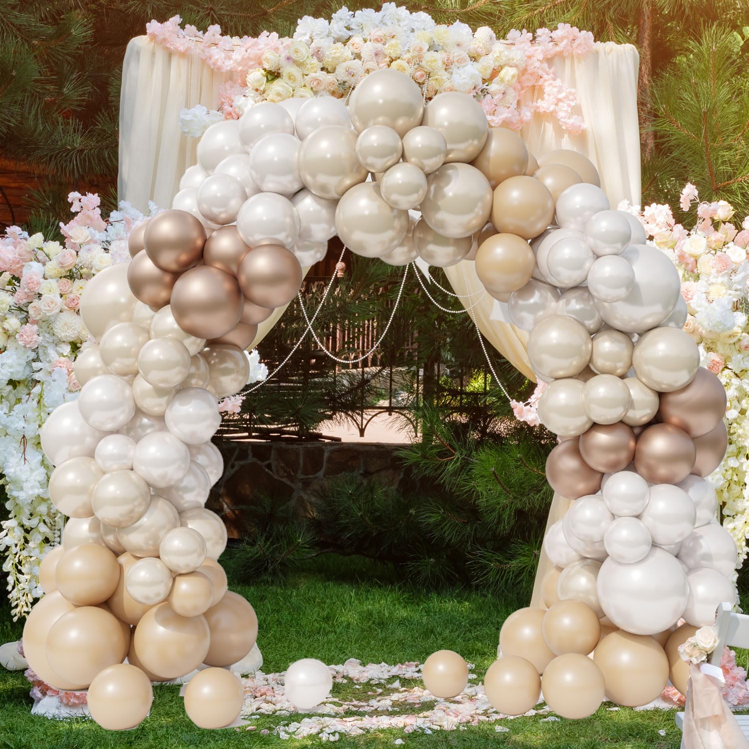 Pearl White & Champagne Metallic Balloon Arch Kit - Double Stuffed Balloon Garland for Boho Wedding, Baby Shower, Bridal Backdrop Decor - Neutral Nude, Cream, Apricot, Coffee & Sand Balloons for Party Decorations