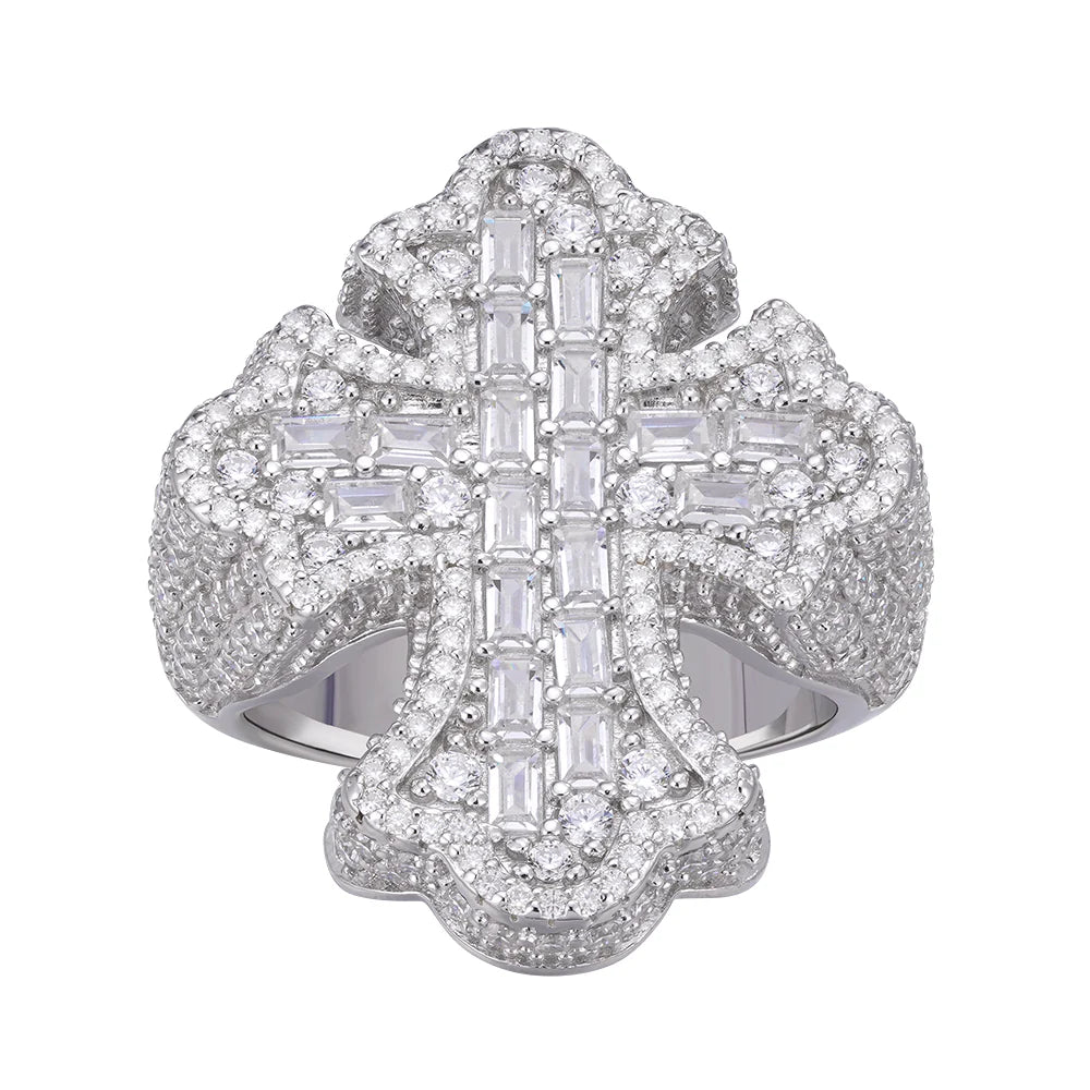 Moissanite Cross Ring for Men - 925 Sterling Silver Baguette Cut - Perfect for Gifts, Weddings & Religious Occasions