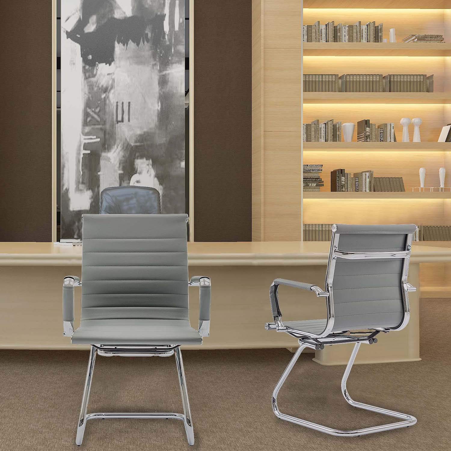 Premium Heavy Duty Office Chair - Ergonomic Leather Conference & Guest Chair with Lumbar Support - Set of 2 (Grey) - Ideal for Reception Areas, Meeting Rooms & Home Offices