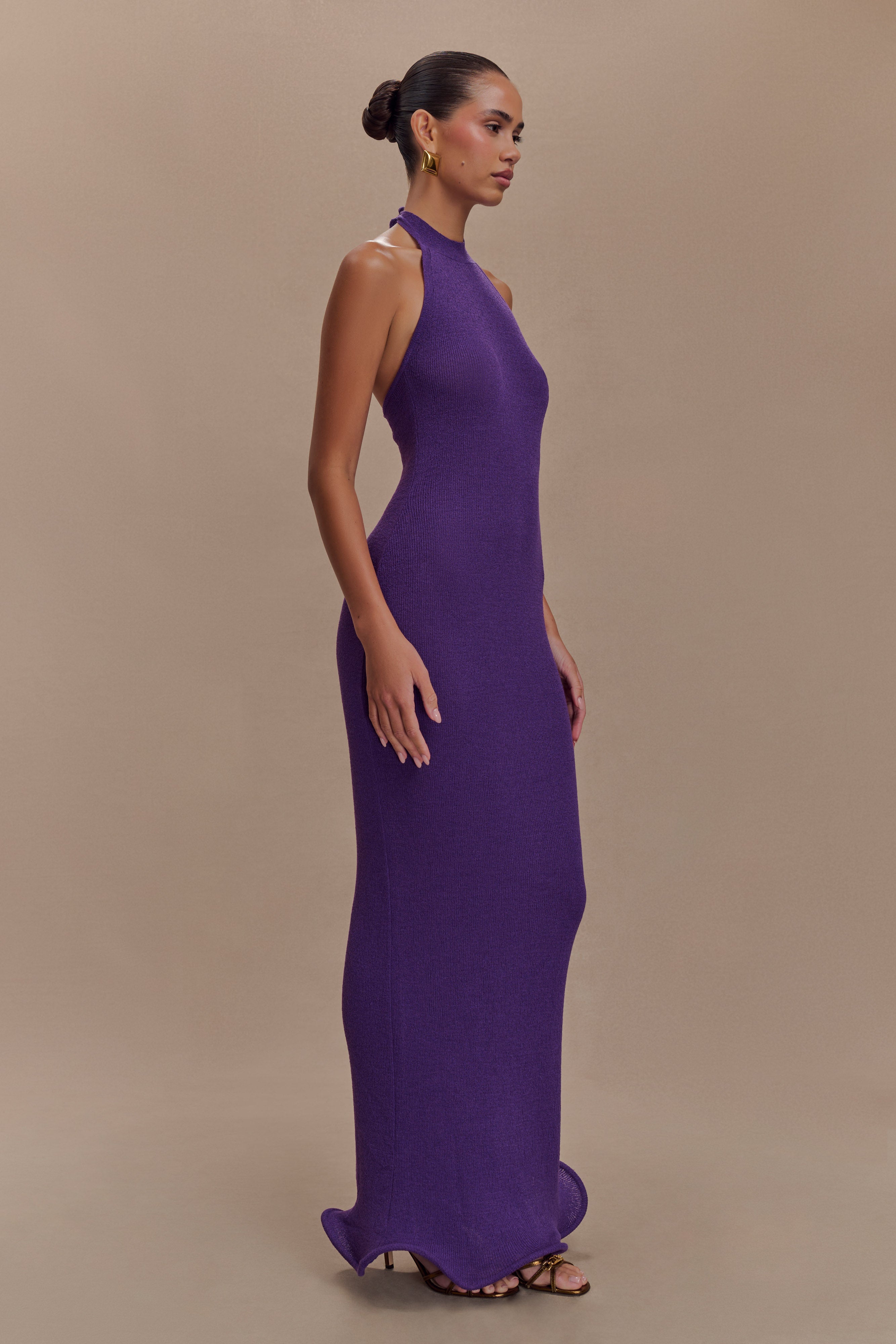 Melodie Halter Knit Maxi Dress for Women - Elegant Purple Long Sleeve Flowy Summer Dress for Beach, Vacation, and Casual Wear