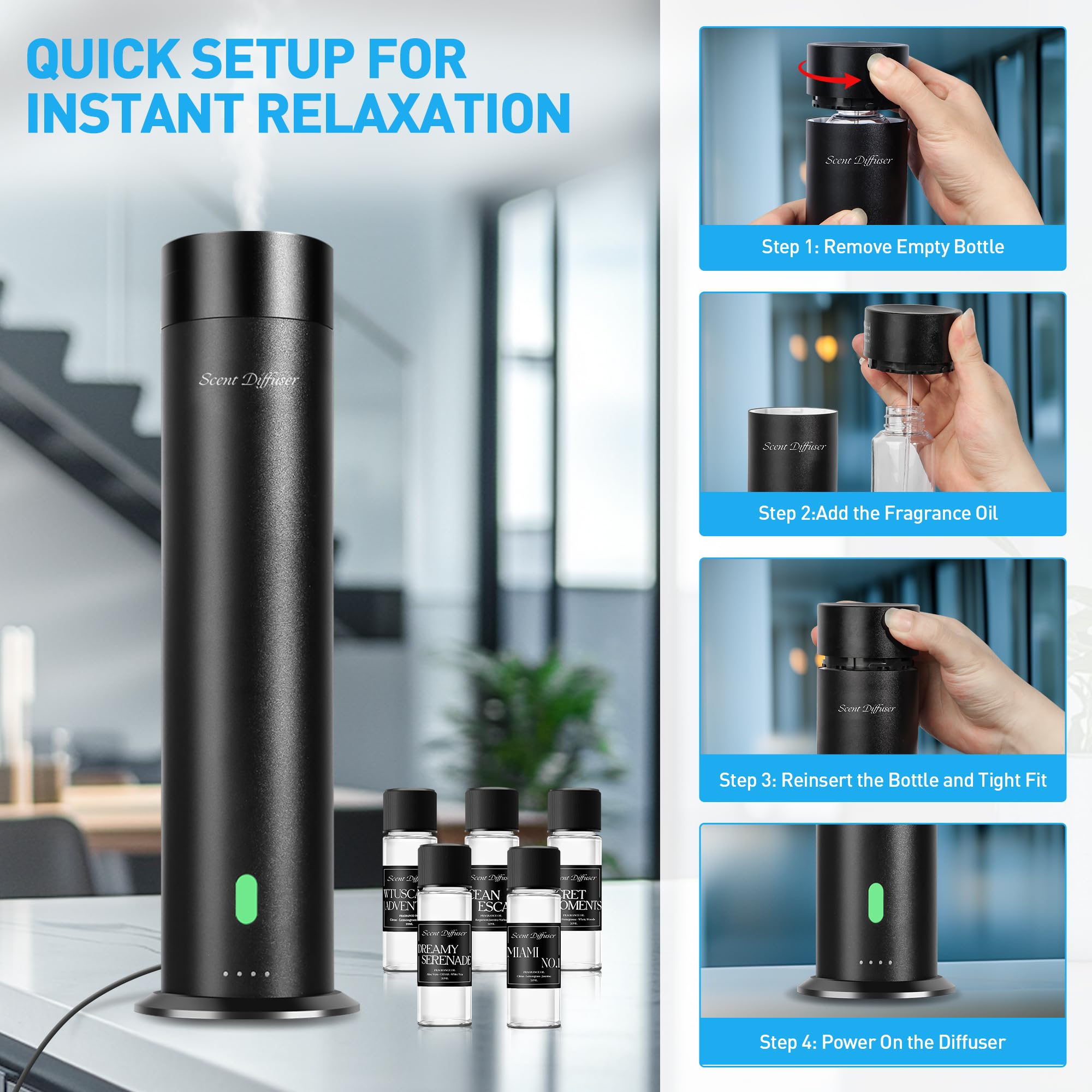 Waterless Scent Diffuser Starter Kit - 800 Sq Ft Coverage, Hotel & Home Aroma Diffuser, Essential Oil Diffuser for Large Rooms, Includes 5 Premium Scent Oils & Remote Control, Black (11.2 Inch) - Perfect for Living Rooms, Bedrooms, Offices & Spa Relaxation