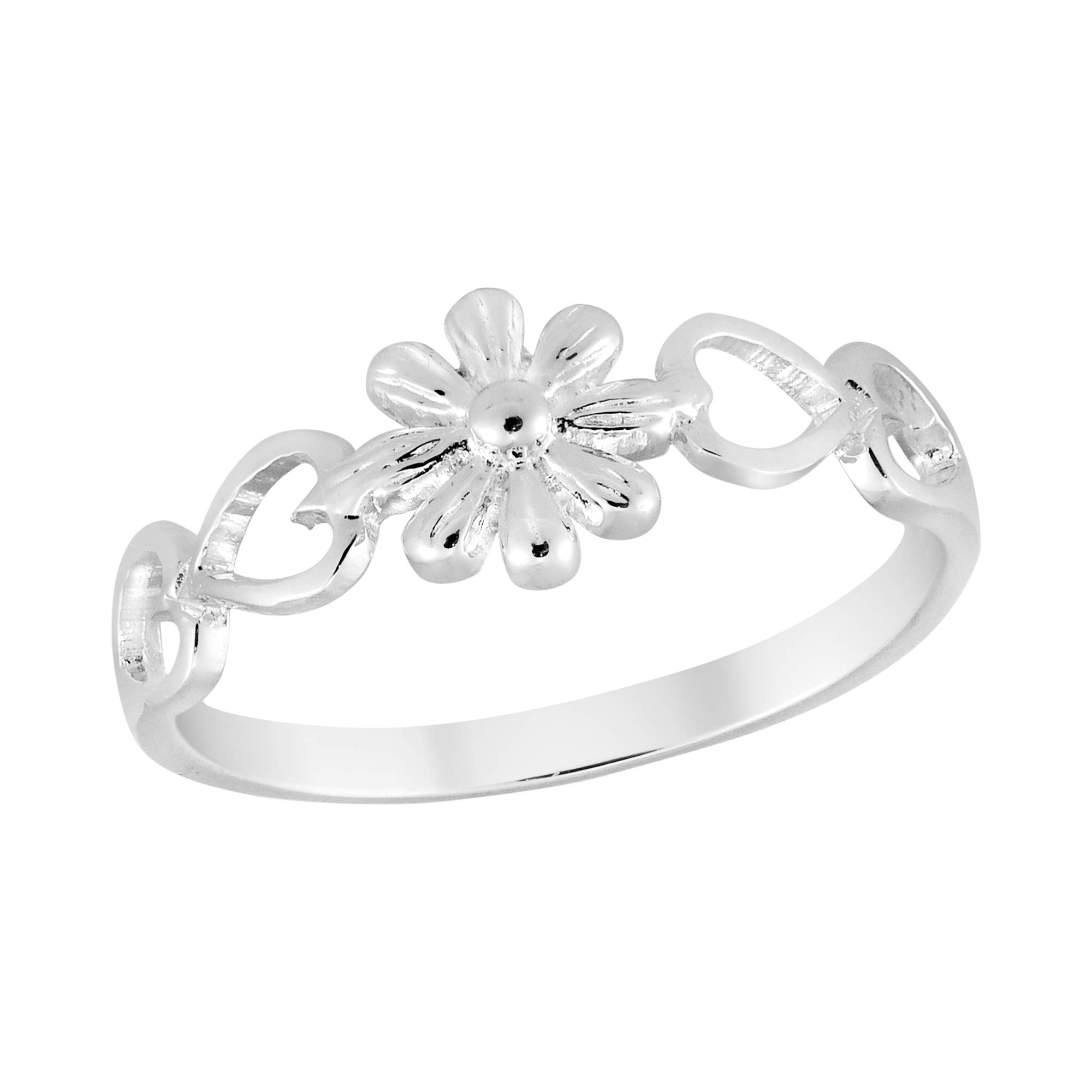 Romantic Daisy & Hearts .925 Sterling Silver Band Ring for Women | Minimalist Wedding, Promise, & Everyday Rings | Comfort Fit Sizes 7-9 | Perfect for Anniversaries, Engagements & Gifts
