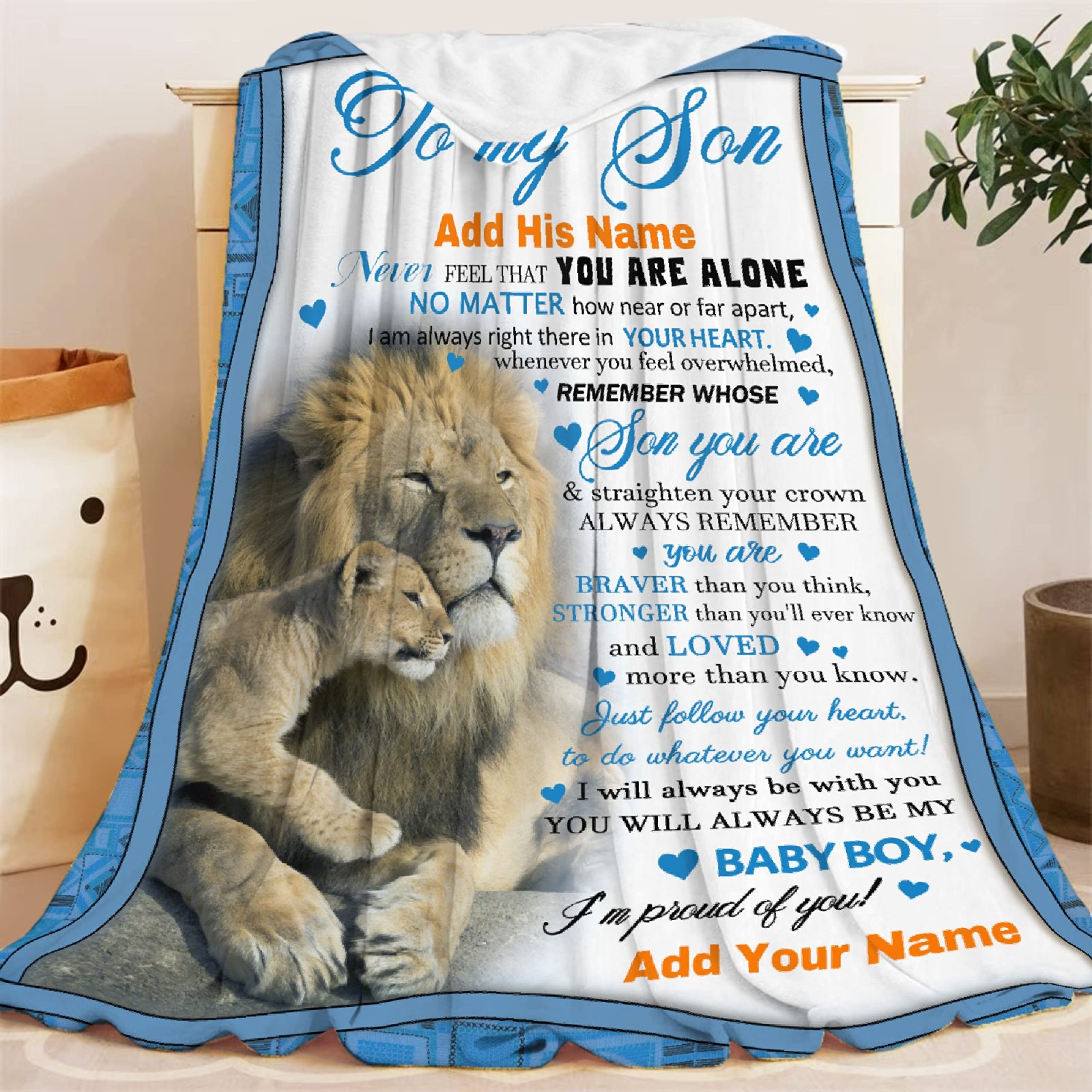 Personalized Lion Flannel Throw Blanket for Boys - Custom Name Gift from Mom & Dad, 90x120 Inches, Soft & Cozy - Perfect for Birthday, Christmas, Bed, Couch & Nursery Decor - Parent Love Text Present for Men & Kids