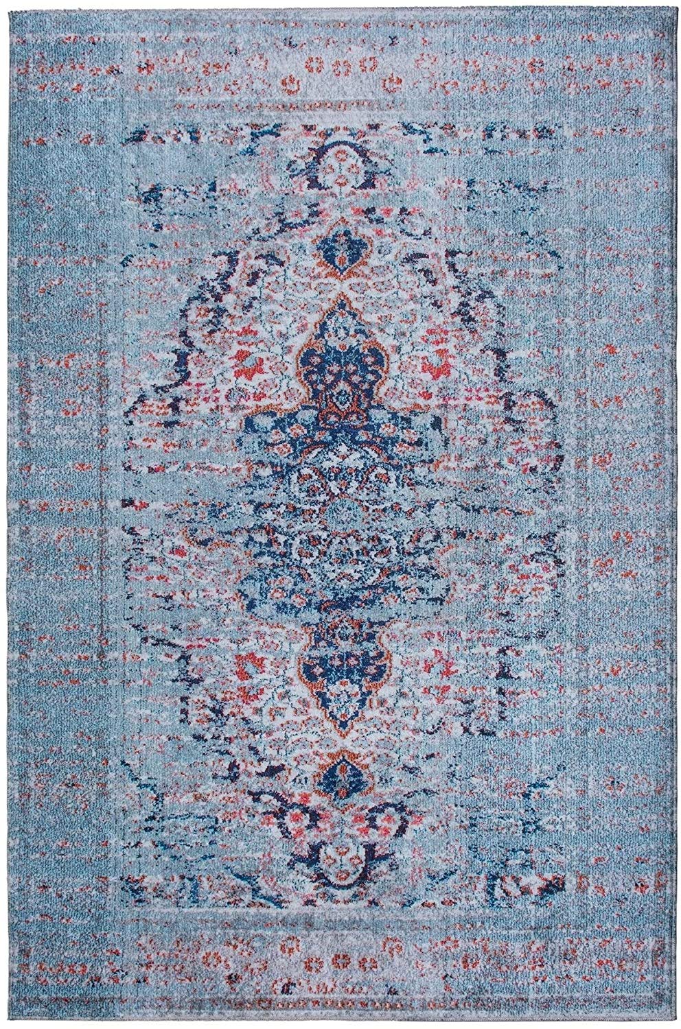 Vintage Distressed Non-Slip Washable Area Rug - Blue & Red Traditional Print 5'3