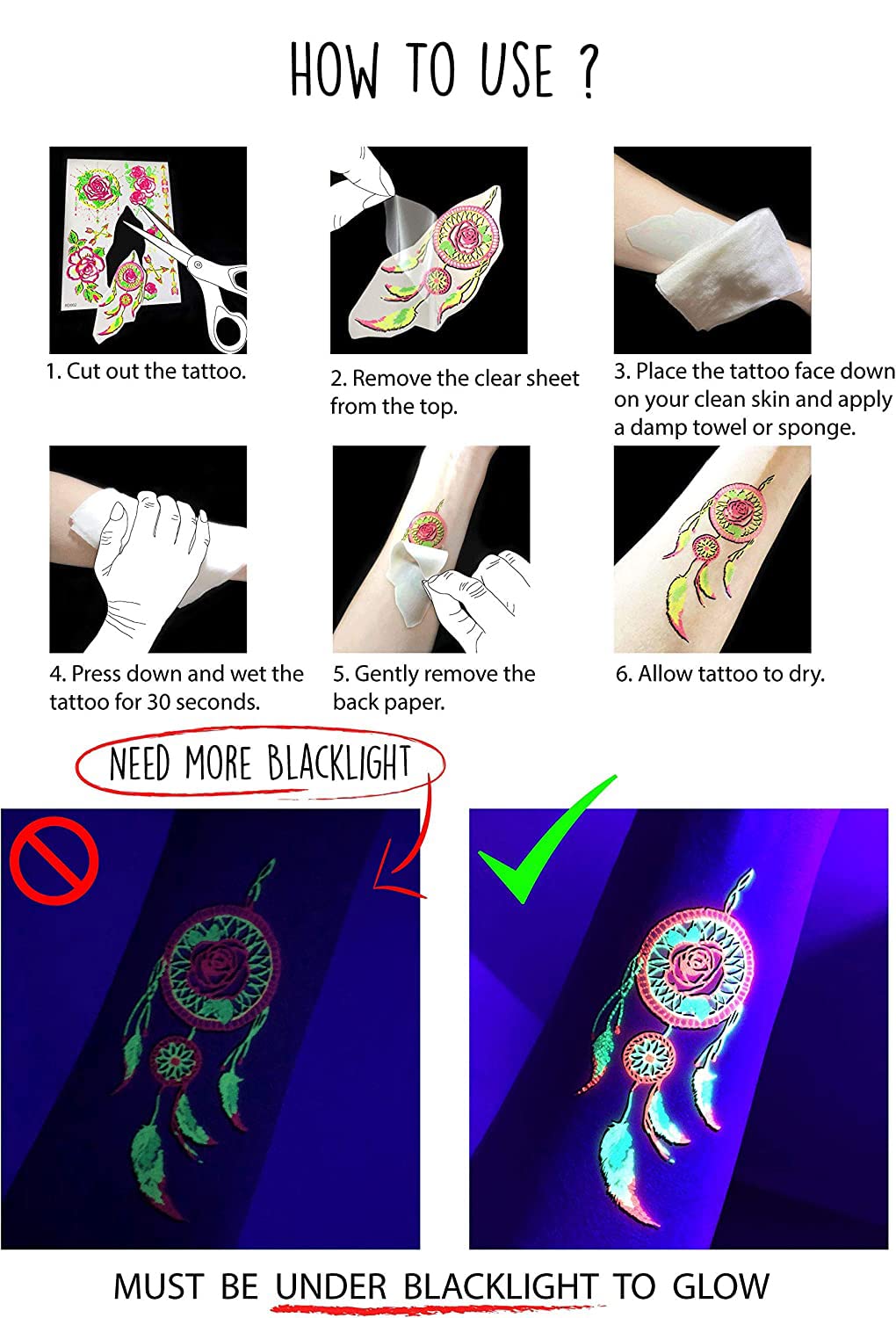 Glow in the Dark UV Neon Temporary Tattoos - Sun, Moon, Stars & Arrows Design - Waterproof Fake Tattoo Stickers for Women, Men & Kids (21x15cm) - Perfect for Parties, Festivals & Body Art