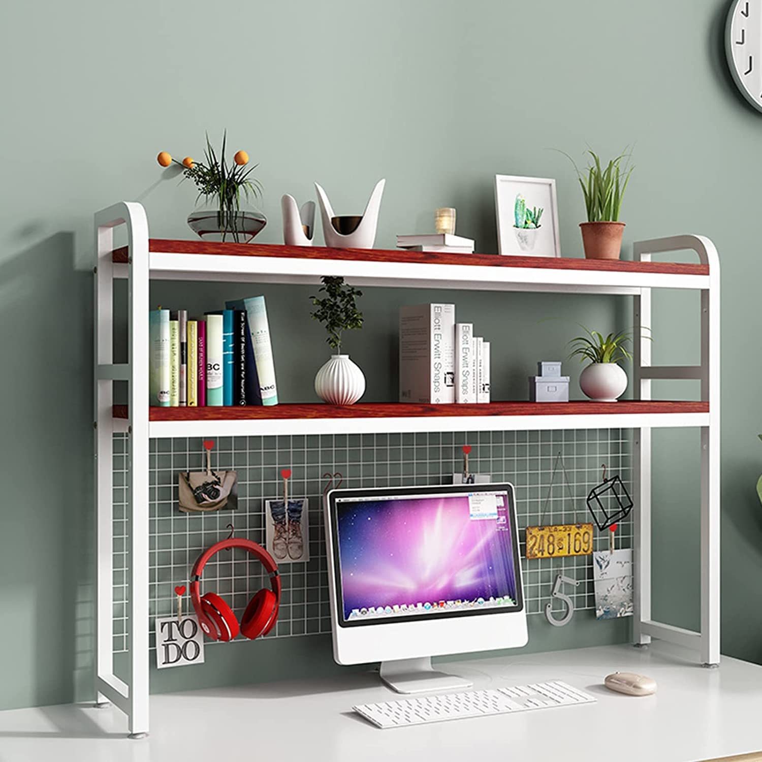 2 Tier Adjustable Wooden & Metal Desktop Organizer - Multipurpose Computer Desk Shelf for Books, Office Supplies, Home & Dorm Room Decor (95CM, Color F) - Perfect for Workspace Organization & Stylish Storage Solutions