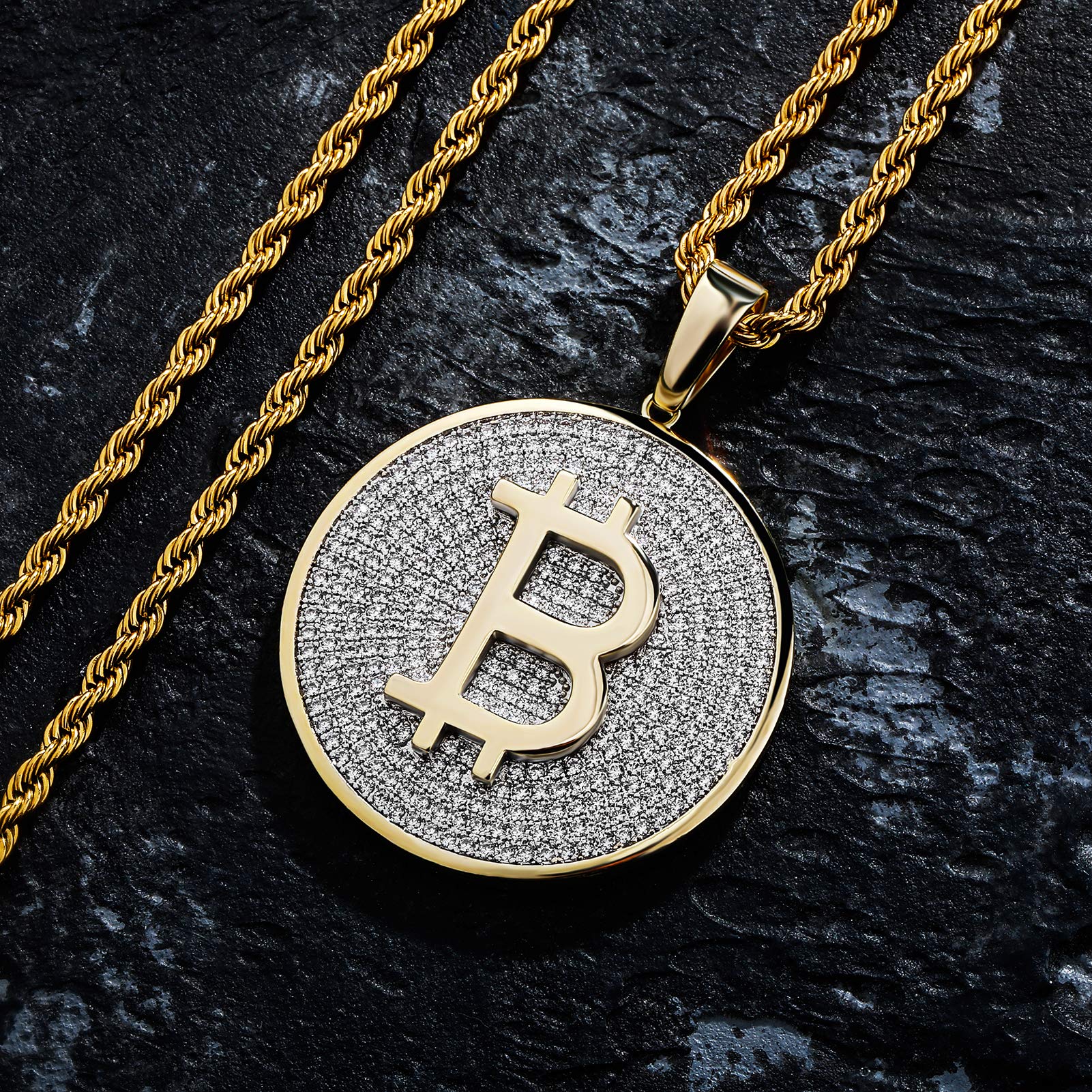 TOPGRILLZ 14K Gold Plated Bitcoin Crypto Necklace for Men & Women - Iced Out Rope Chain Pendant in Stainless Steel - Perfect for Gifting, Parties, and Crypto Enthusiasts